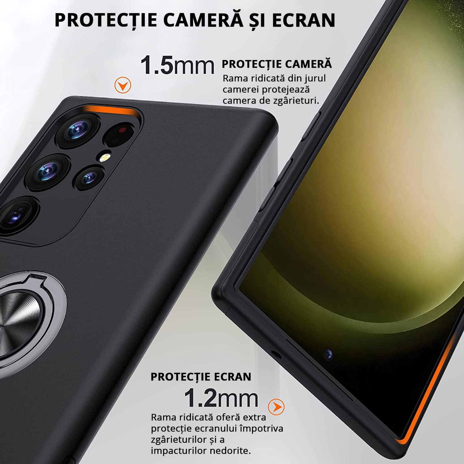 Husă pentru Samsung Galaxy S23 Ultra cu protecție cameră și ecran, 2mm și 1.5mm ramă ridicată pentru protecție maximă.