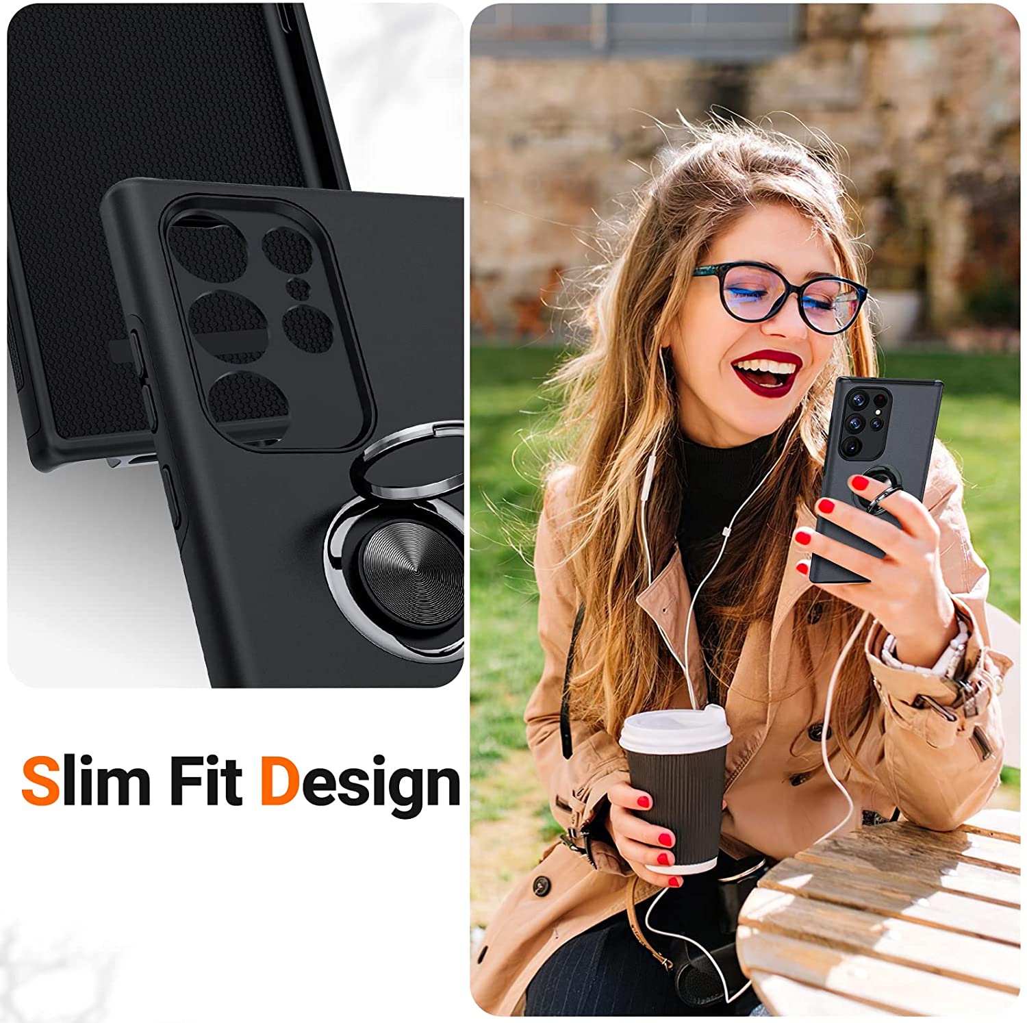 Husă pentru Samsung Galaxy S23 Ultra, culoare negru, design premium, inel rotativ pentru selfie