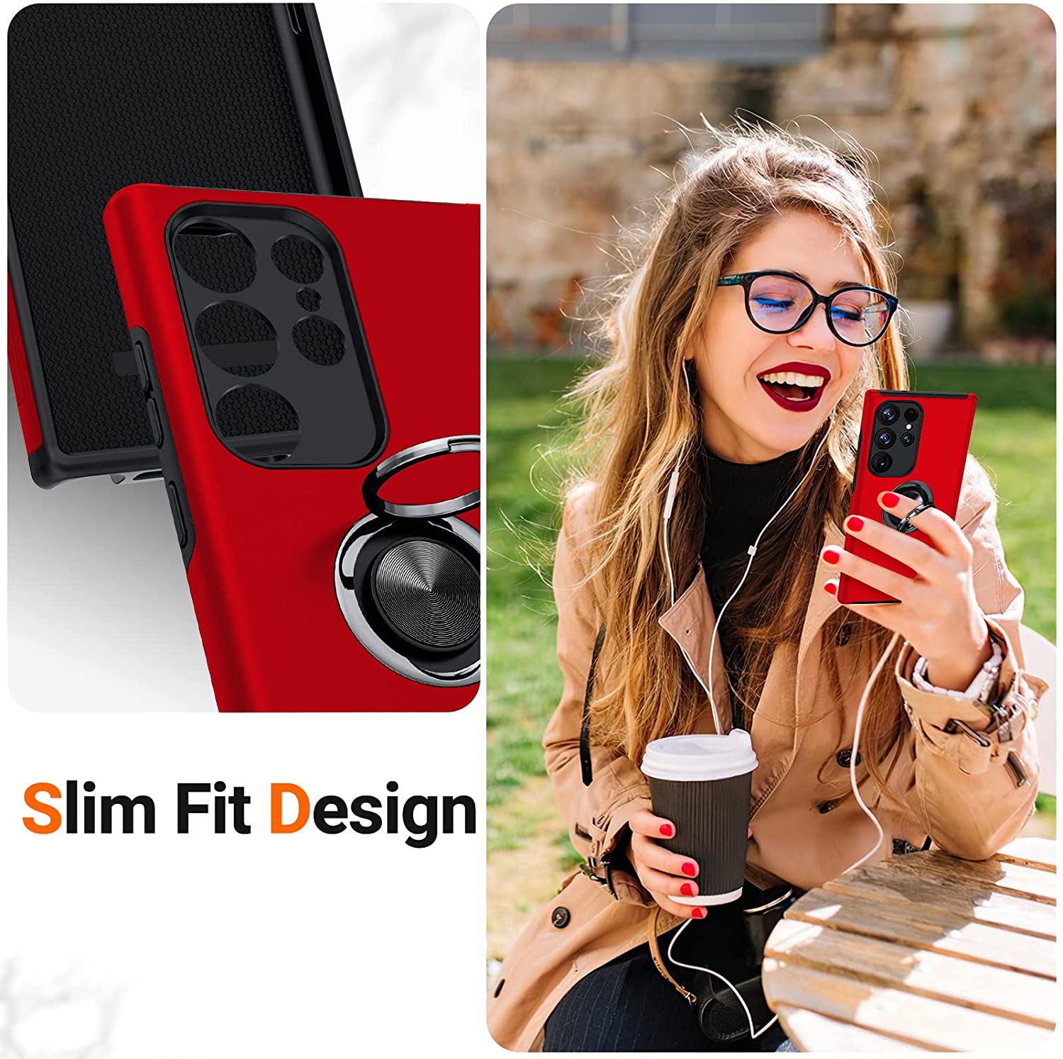 Husă pentru Samsung Galaxy S23 Ultra, culoare roșu, design premium, inel rotativ pentru selfie