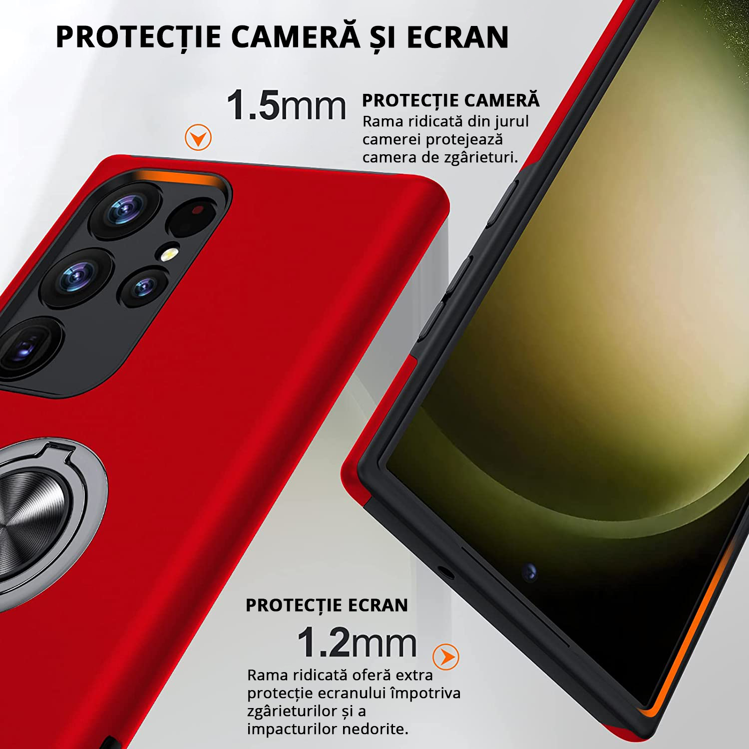 Husă pentru Samsung Galaxy S23 cu protecție cameră și ecran, 2mm și 1.5mm ramă ridicată pentru protecție maximă.