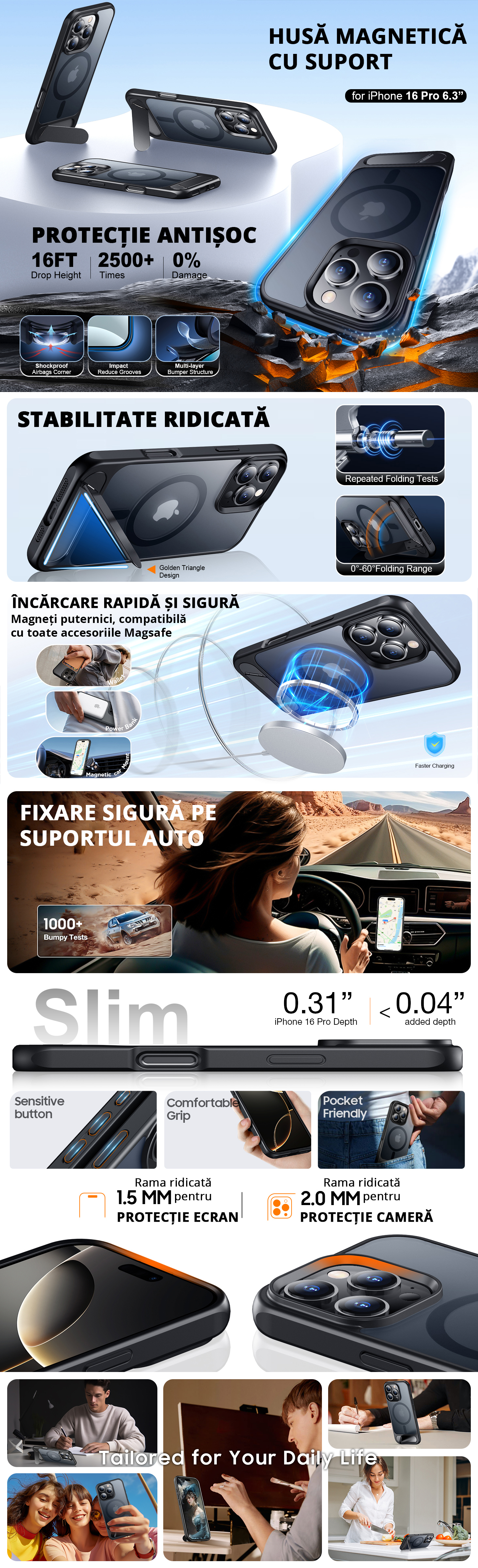 Husa iPhone 16 Pro Neagră cu MagSafe și Suport Metalic - Protecție Militară Antișoc