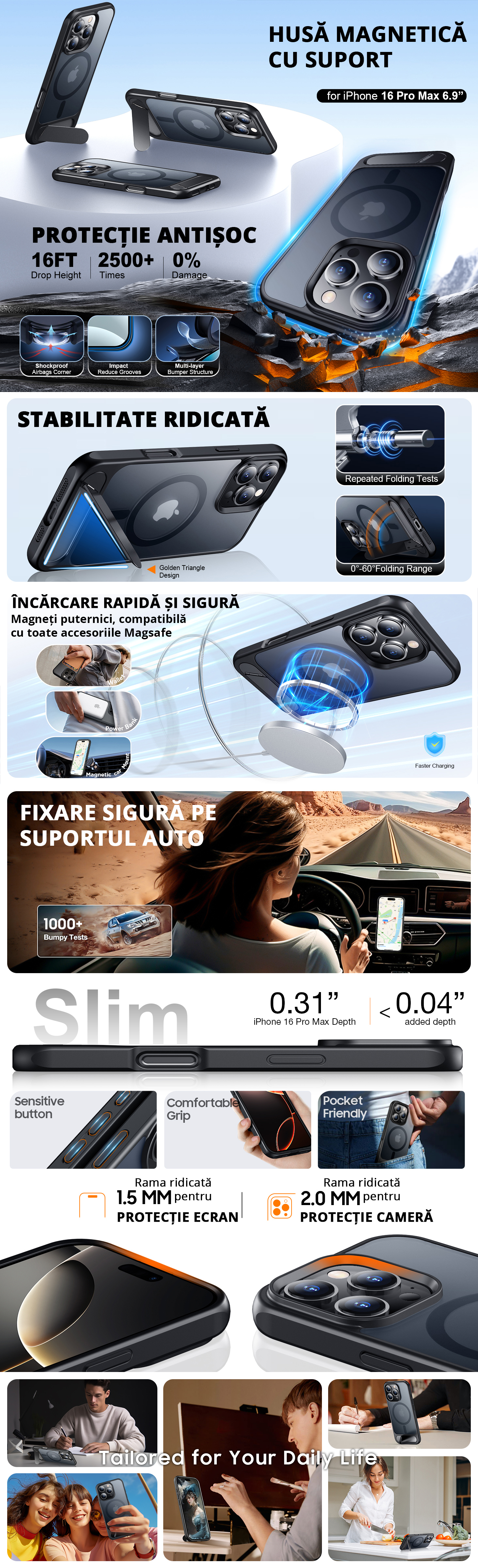Husa Neagră iPhone 16 Pro Max cu Tehnologie MagSafe, Suport și Protecție Antișoc Militară