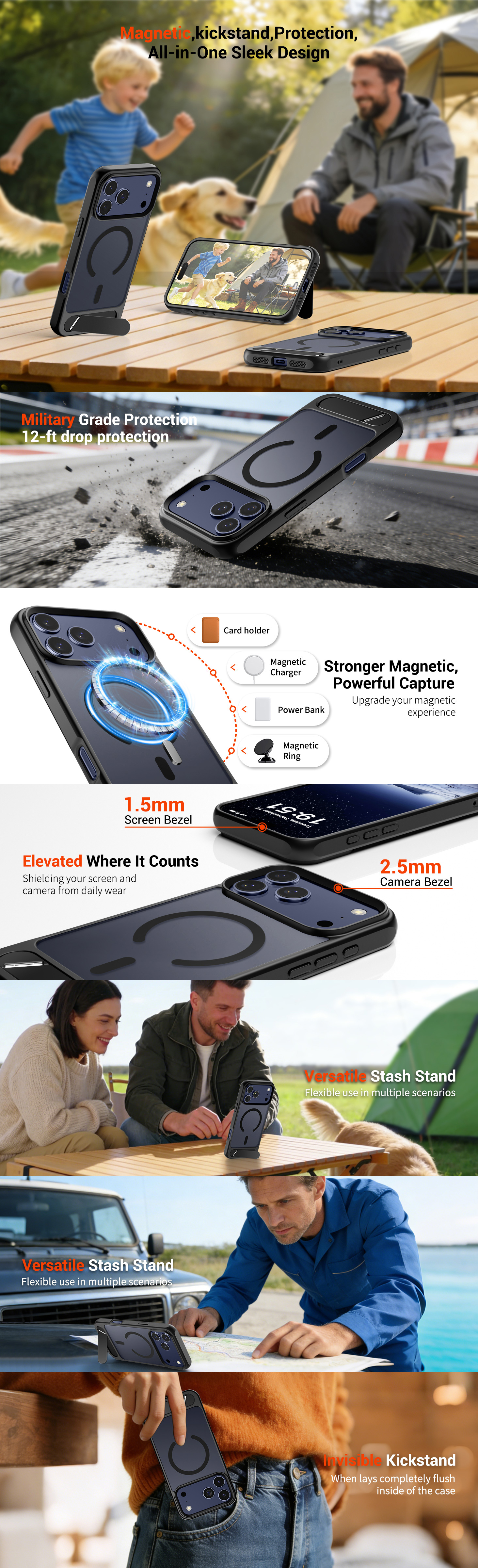 Infografic detaliat pentru husa iPhone 17 Pro Mobilesmart, ilustrând protecția militară antișoc, inelul magnetic MagSafe puternic, marginile înălțate pentru ecran și cameră, și utilizarea versatilă a suportului metalic invizibil.