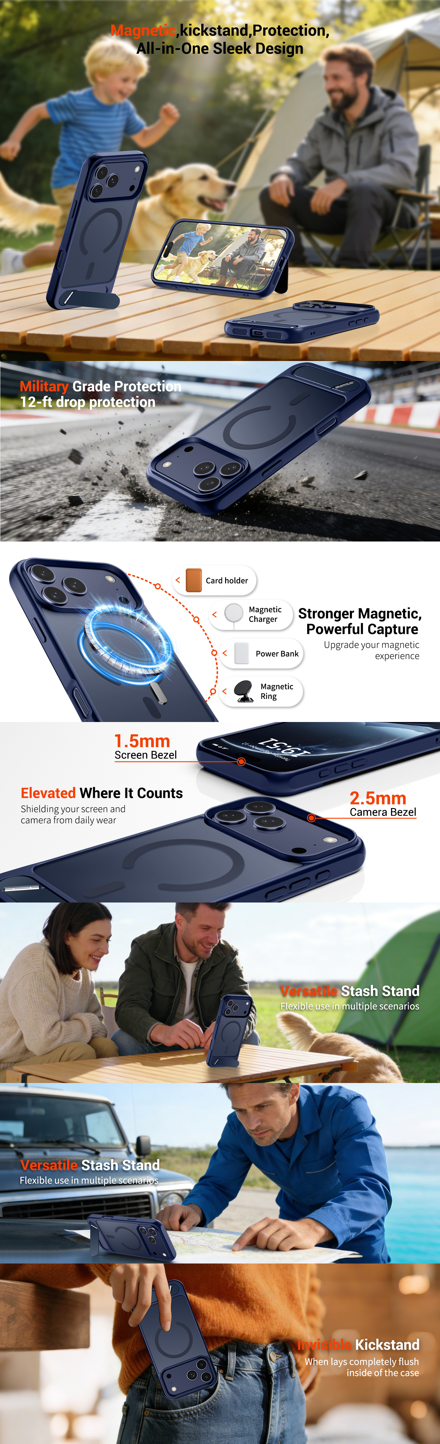 Infografic detaliat pentru husa iPhone 17 Pro Max Mobilesmart, ilustrând protecția militară antișoc, inelul magnetic MagSafe puternic, marginile înălțate pentru ecran și cameră, și utilizarea versatilă a suportului metalic invizibil