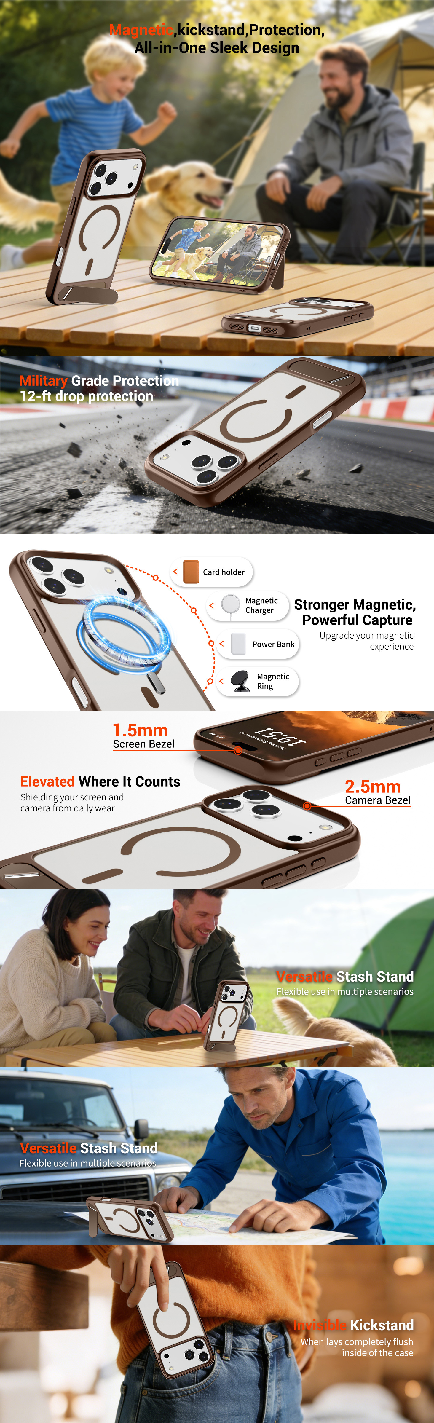 Infografic detaliat pentru husa iPhone 17 Pro Max Mobilesmart, ilustrând protecția militară antișoc, inelul magnetic MagSafe puternic, marginile înălțate pentru ecran și cameră, și utilizarea versatilă a suportului metalic invizibil