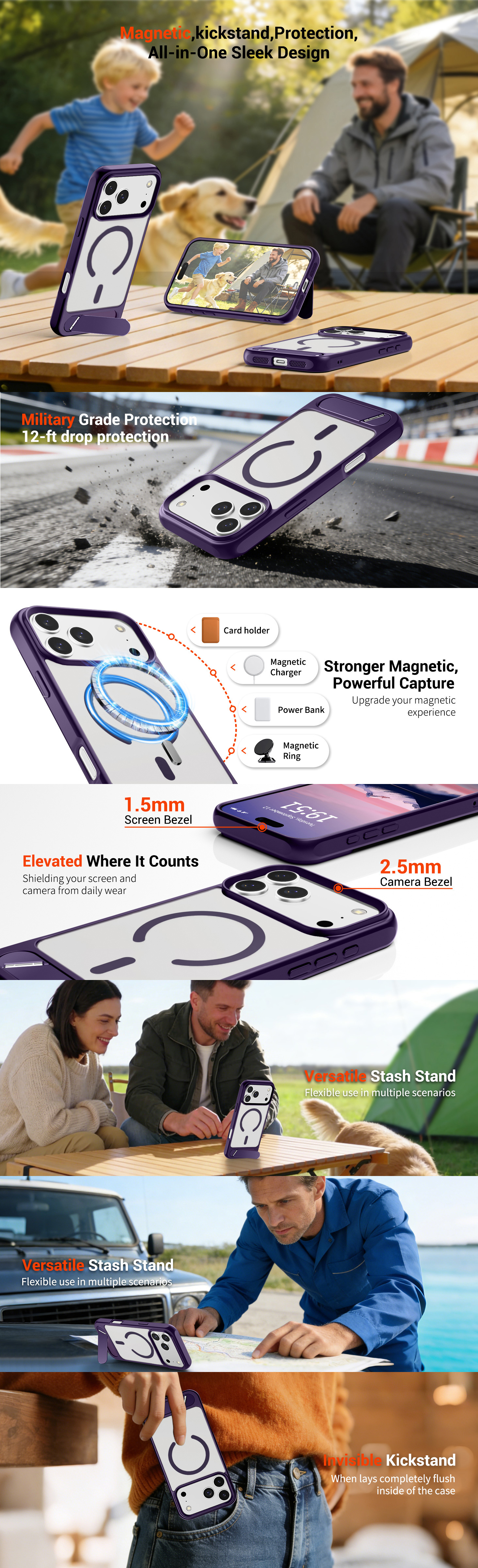 Infografic detaliat pentru husa iPhone 17 Pro Max Mobilesmart, ilustrând protecția militară antișoc, inelul magnetic MagSafe puternic, marginile înălțate pentru ecran și cameră, și utilizarea versatilă a suportului metalic invizibil