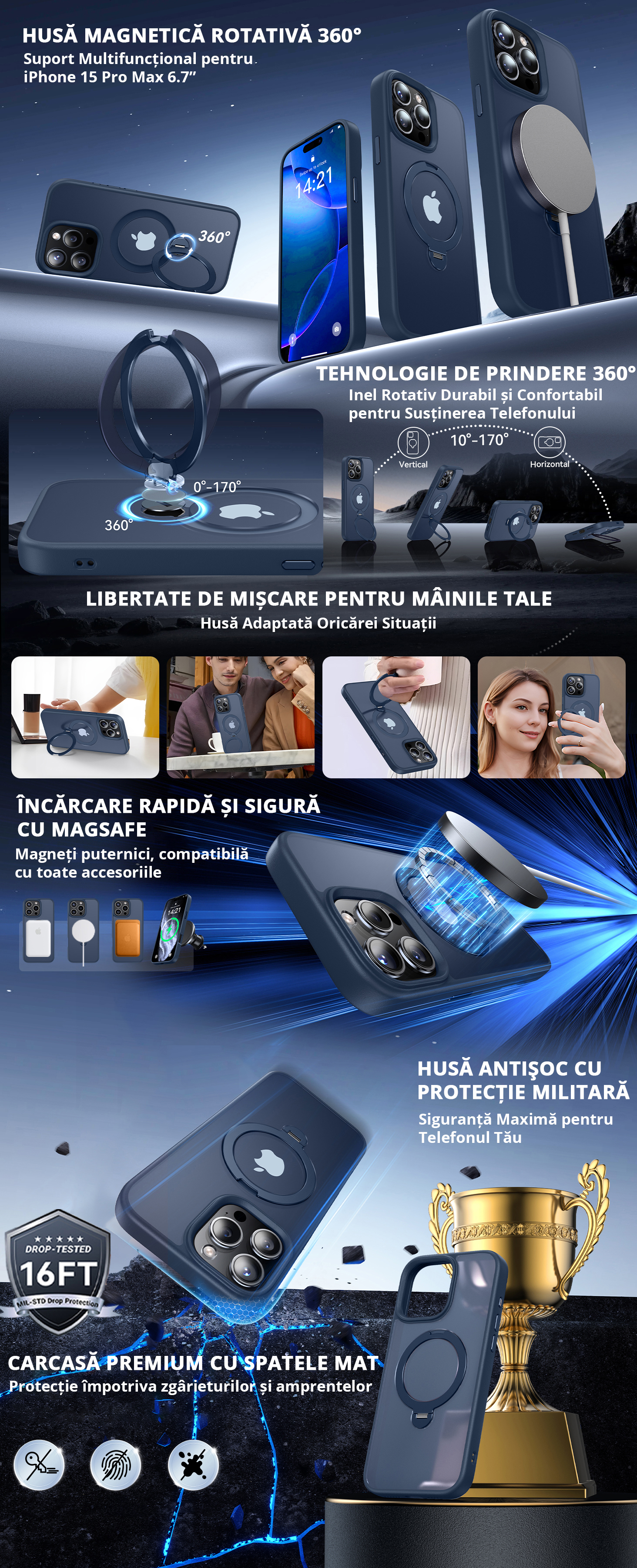 Prezentare husă iPhone 15 Pro Max cu tehnologie MagSafe, suport rotativ 360 grade, protecție militară certificată, încărcare wireless și carcasă premium antișoc cu spate mat