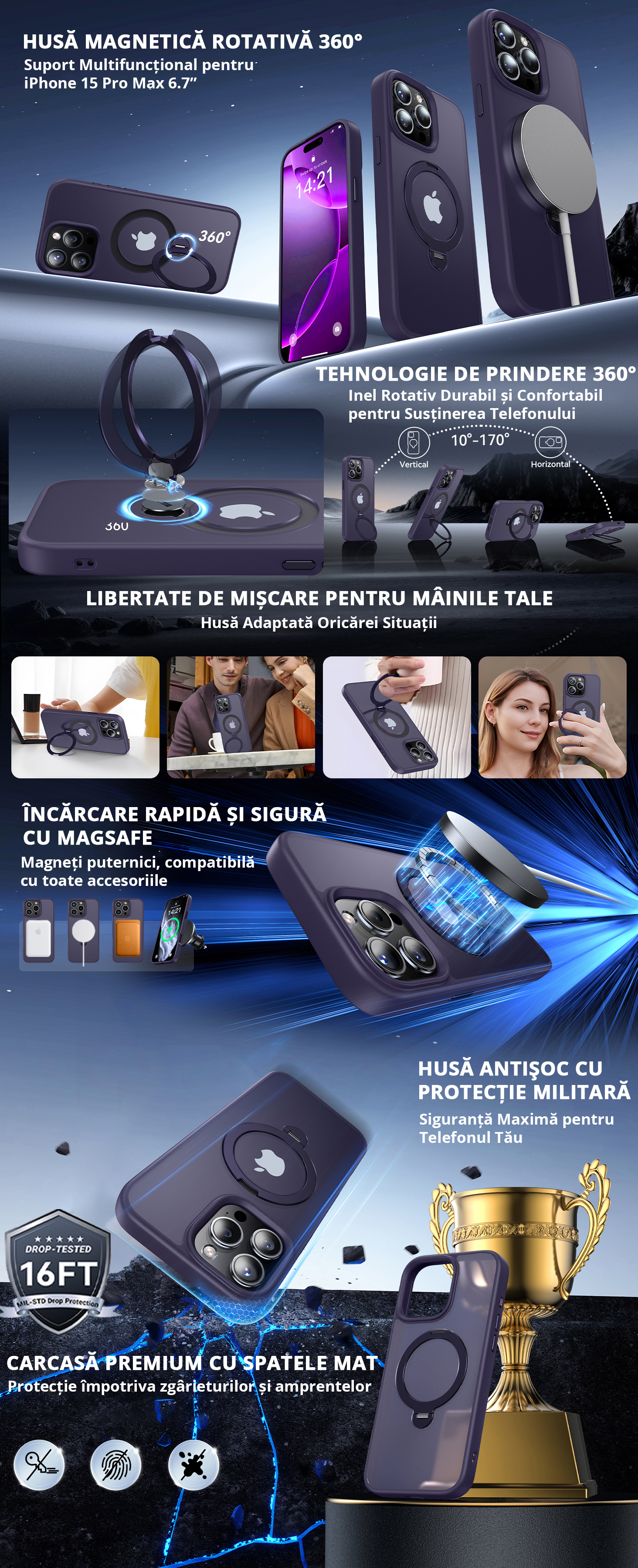 Prezentare husă iPhone 15 Pro Max cu tehnologie MagSafe, suport rotativ 360 grade, protecție militară certificată, încărcare wireless și carcasă premium antișoc cu spate mat