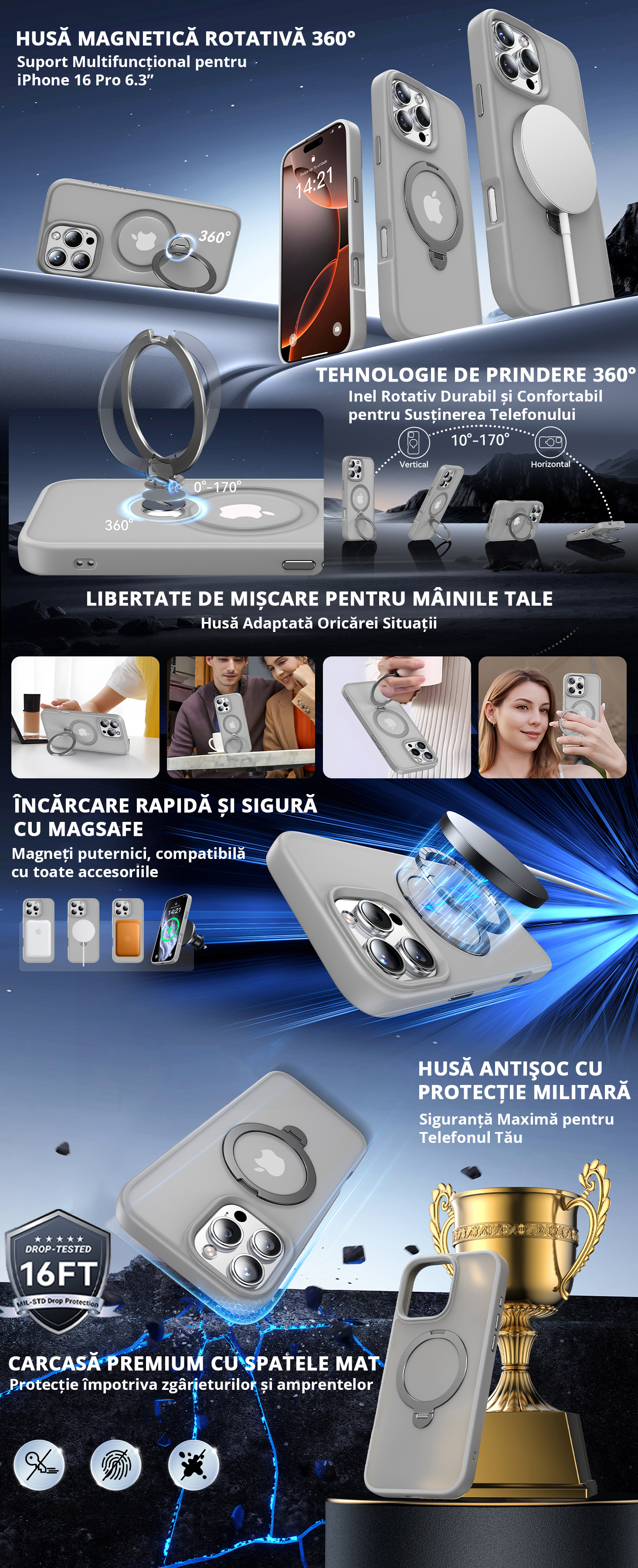 Prezentare husă iPhone 16 Pro cu tehnologie MagSafe, suport rotativ 360 grade, protecție militară certificată, încărcare wireless și carcasă premium antișoc cu spate mat