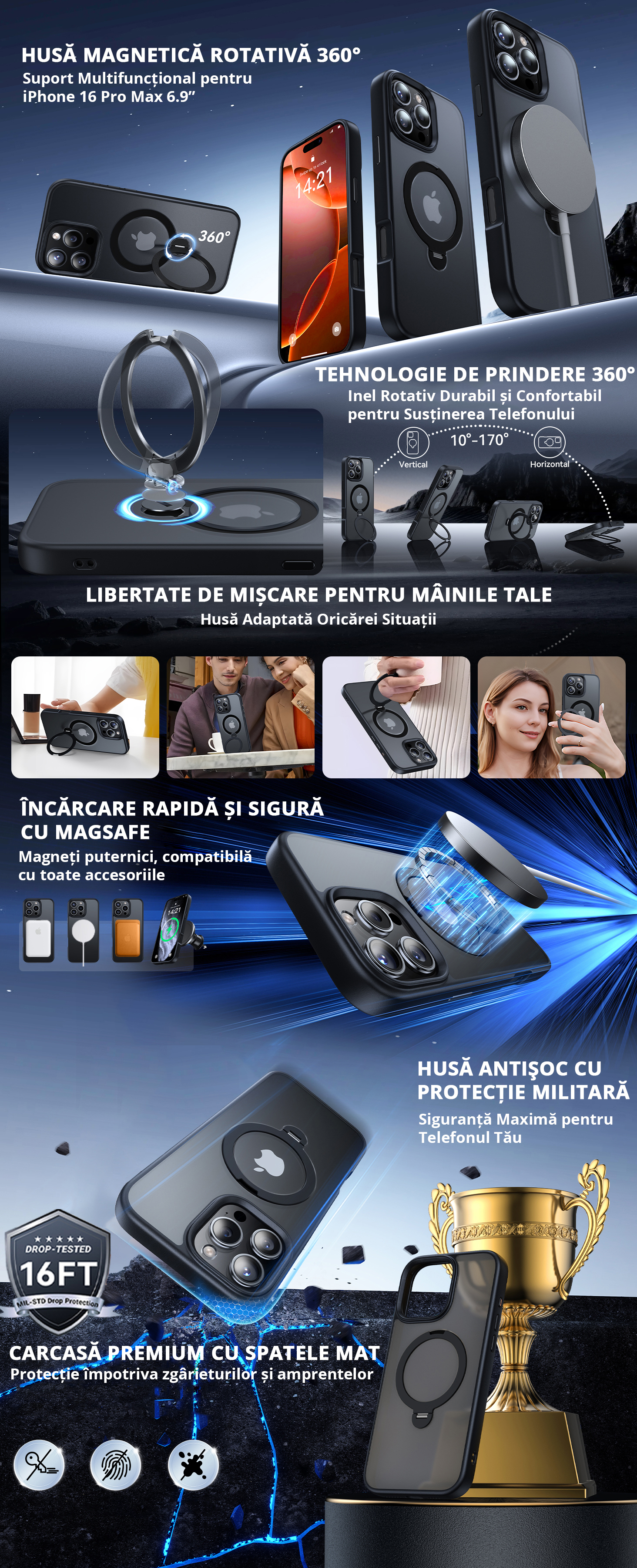 Prezentare husă iPhone 16 Pro Max cu tehnologie MagSafe, suport rotativ 360 grade, protecție militară certificată, încărcare wireless și carcasă premium antișoc cu spate mat