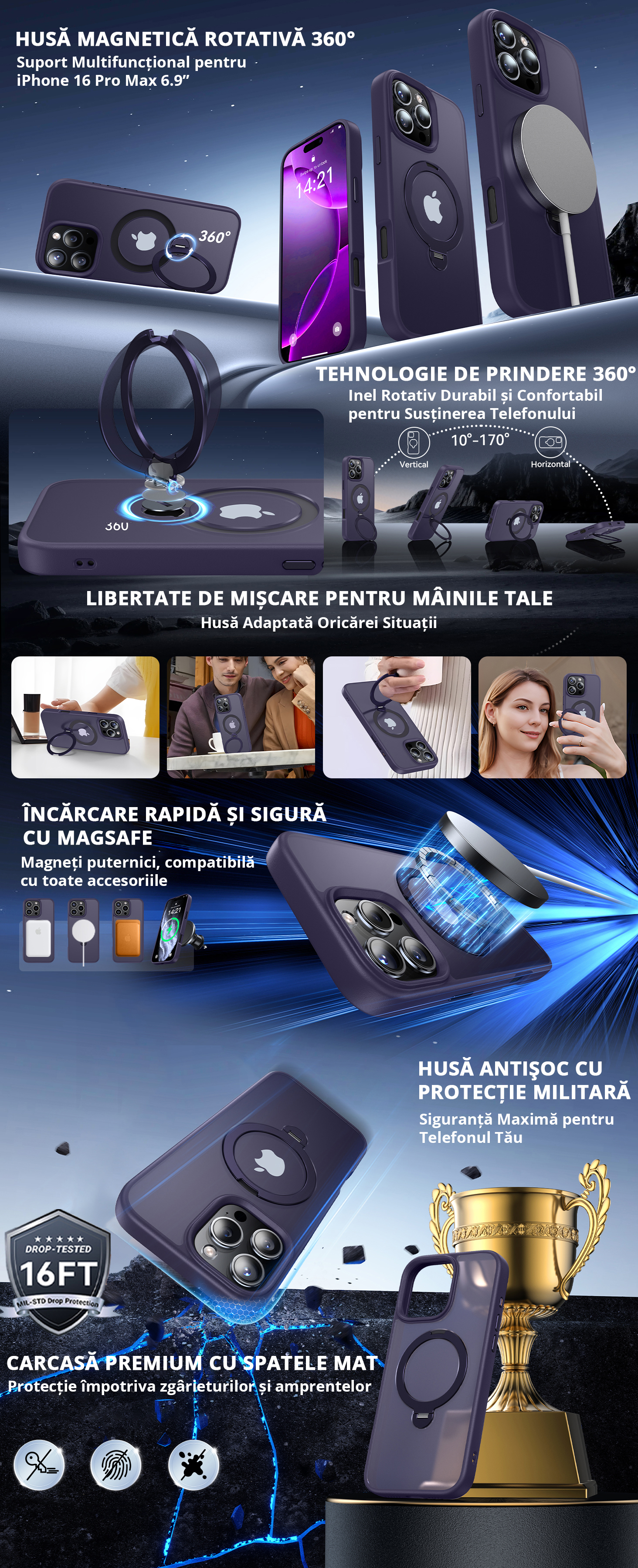 Prezentare husă iPhone 16 Pro Max cu tehnologie MagSafe, suport rotativ 360 grade, protecție militară certificată, încărcare wireless și carcasă premium antișoc cu spate mat