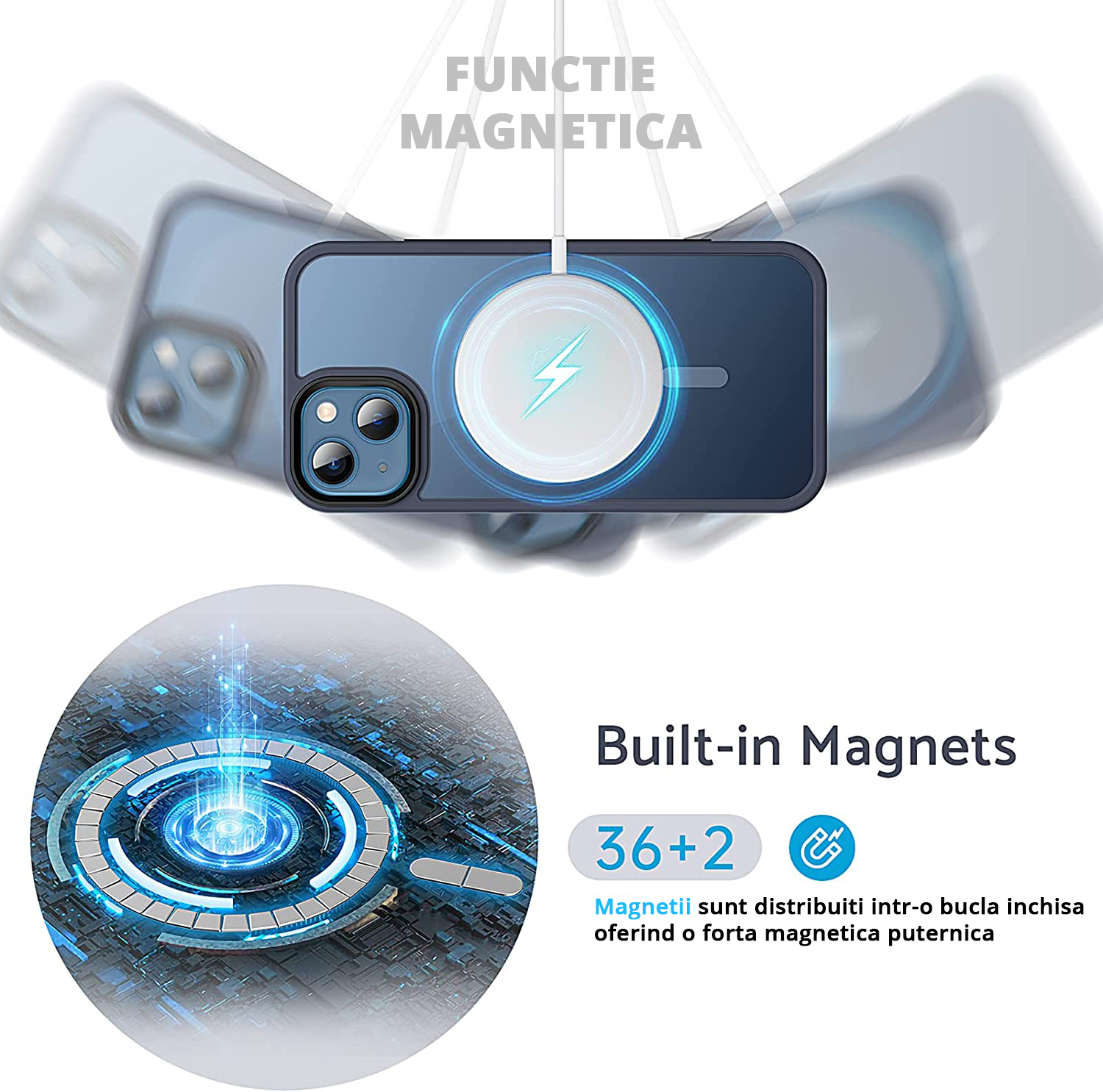 Husa MagSafe Antisoc Slim iPhone 13 Blue cu inel magnetic, incarcare fara fir rapida si sigura.