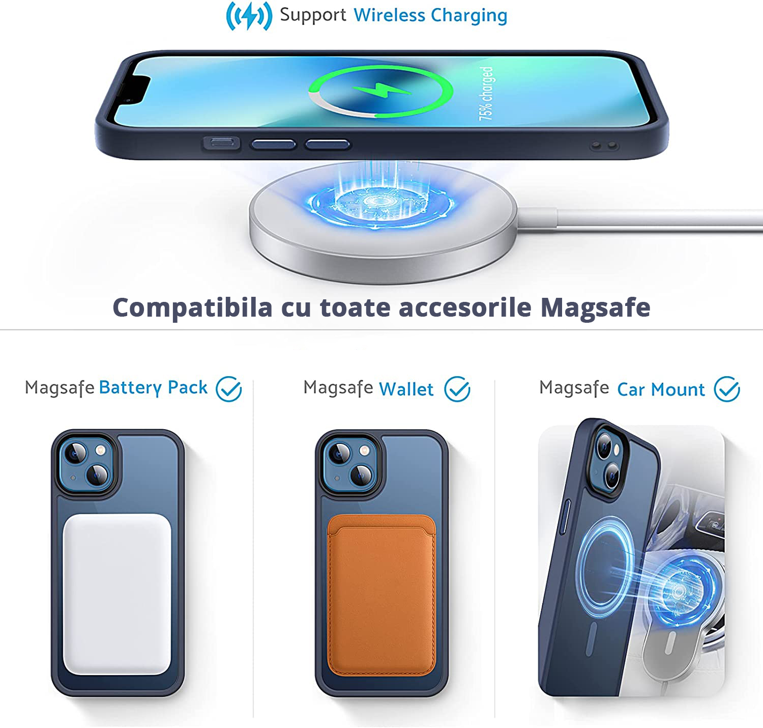 Husa Antisoc Slim iPhone 13 Blue este compatibila cu toate accesoriile MagSafe, incarcare wireless.