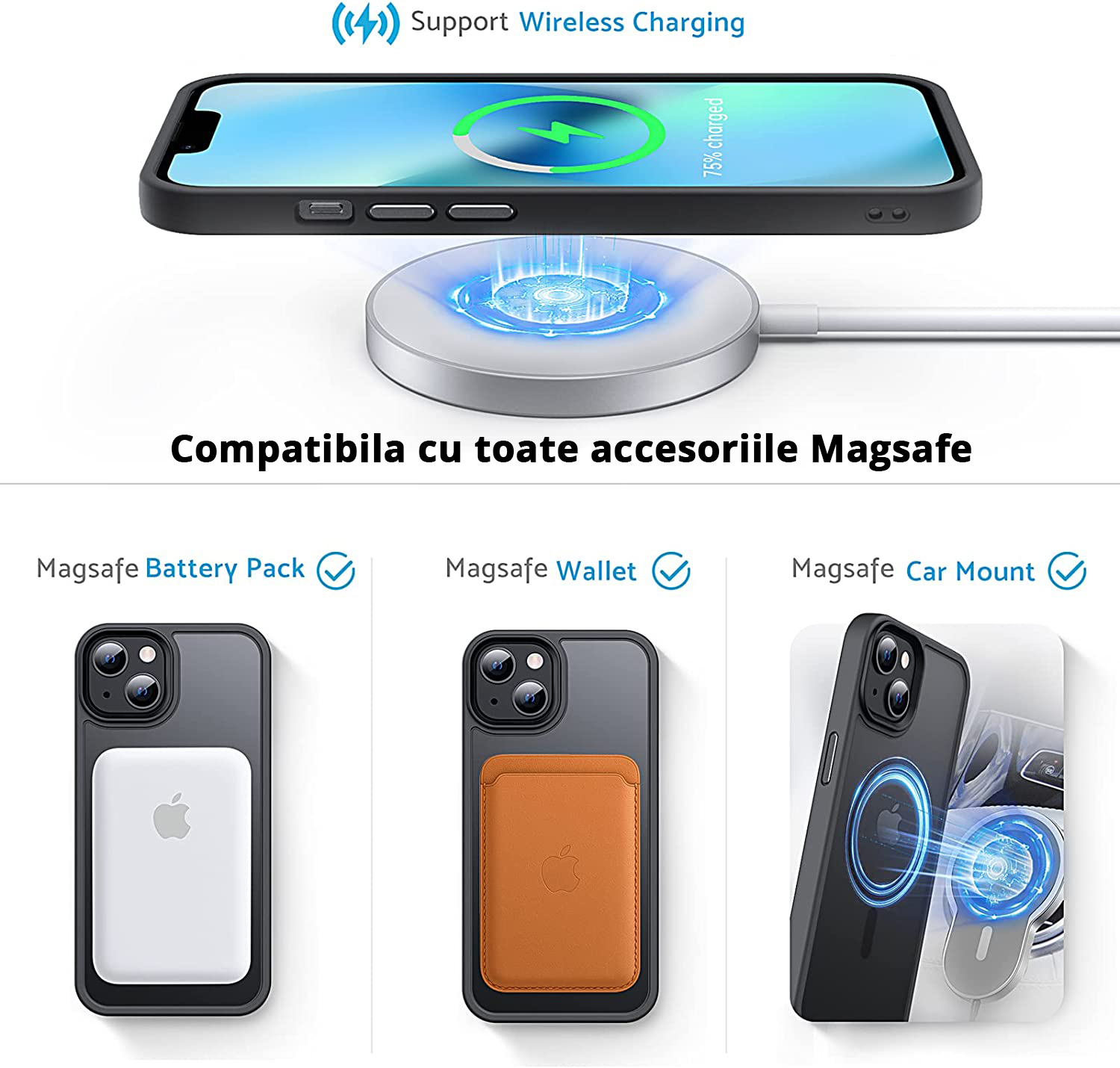 Husa Antisoc Slim iPhone 13 Negru este compatibila cu toate accesoriile MagSafe, incarcare wireless.