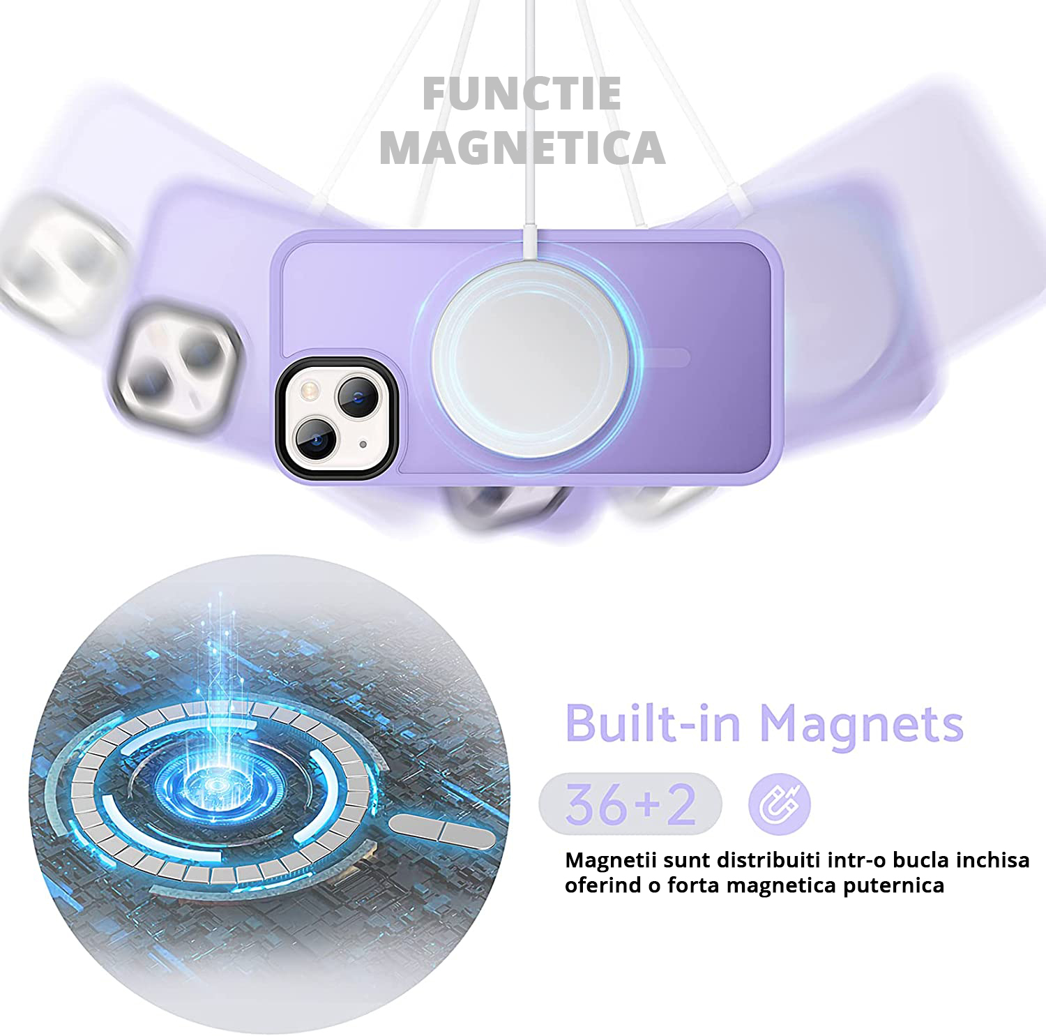 Husa MagSafe Antisoc Slim iPhone 13 Purple cu inel magnetic, incarcare fara fir rapida si sigura.