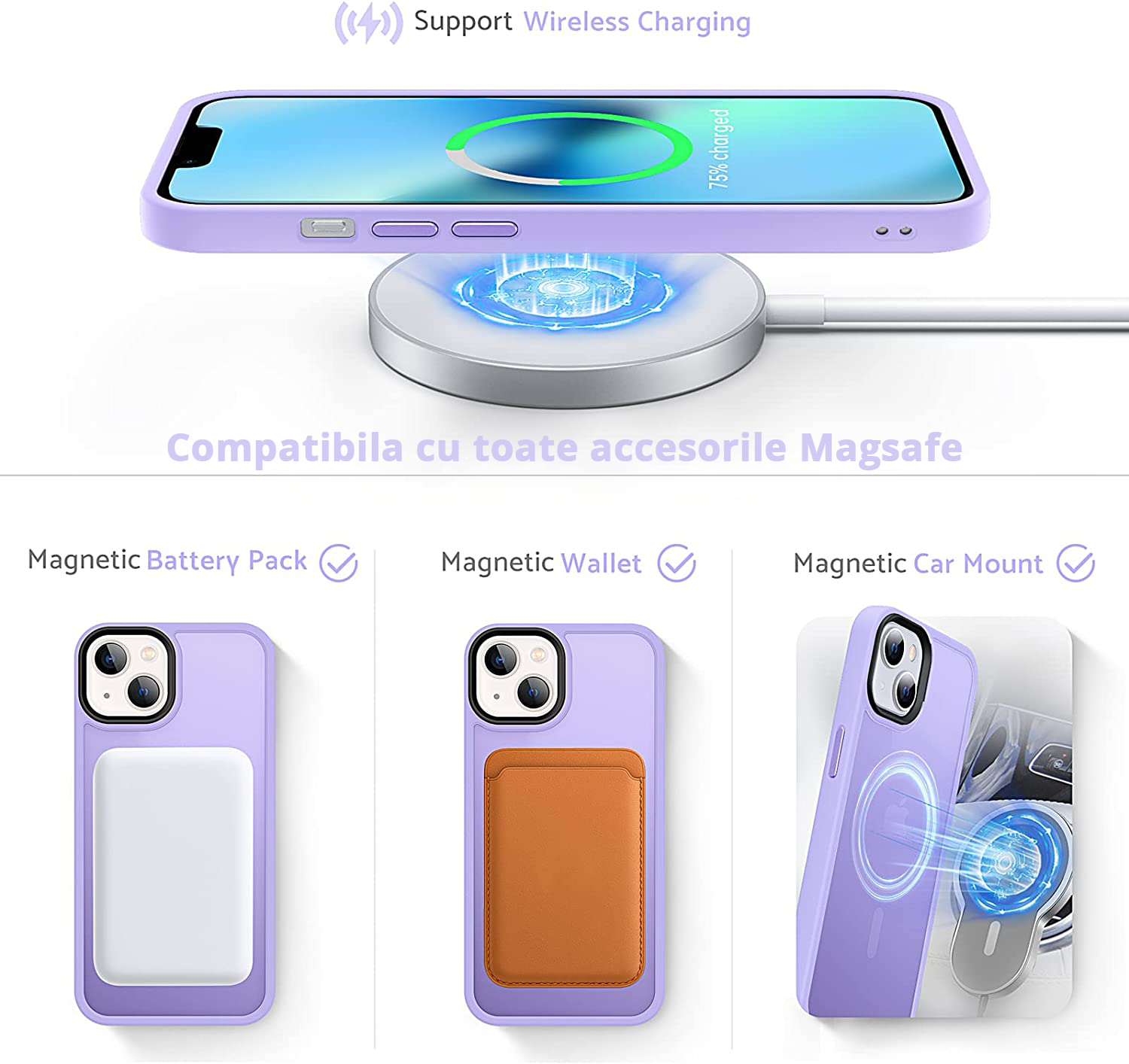 Husa Antisoc Slim iPhone 13 Purple este compatibila cu toate accesoriile MagSafe, incarcare wireless.