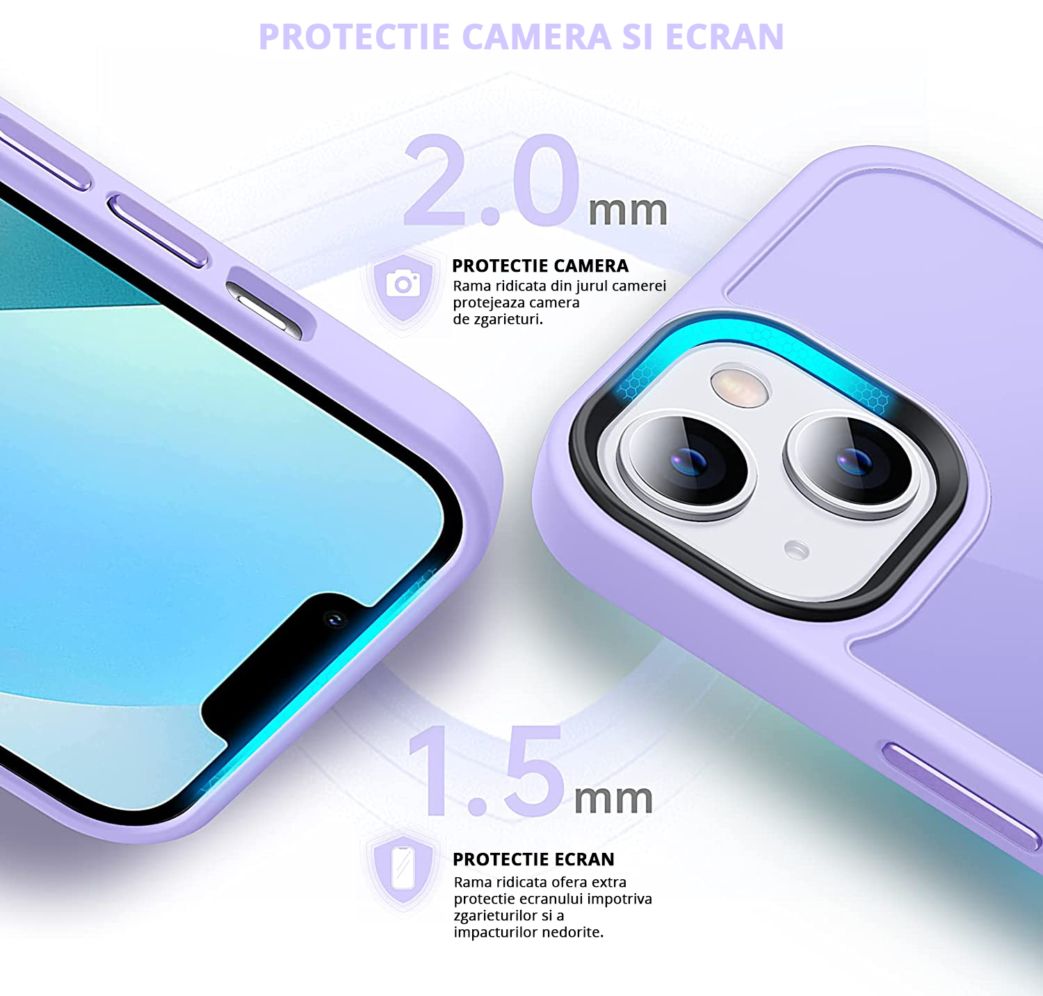 Husa MagSafe Antisoc Slim iPhone 13 Purple cu protectie camera si ecran, 2mm si 1.5 mm rama ridicata pentru protectie maxima.