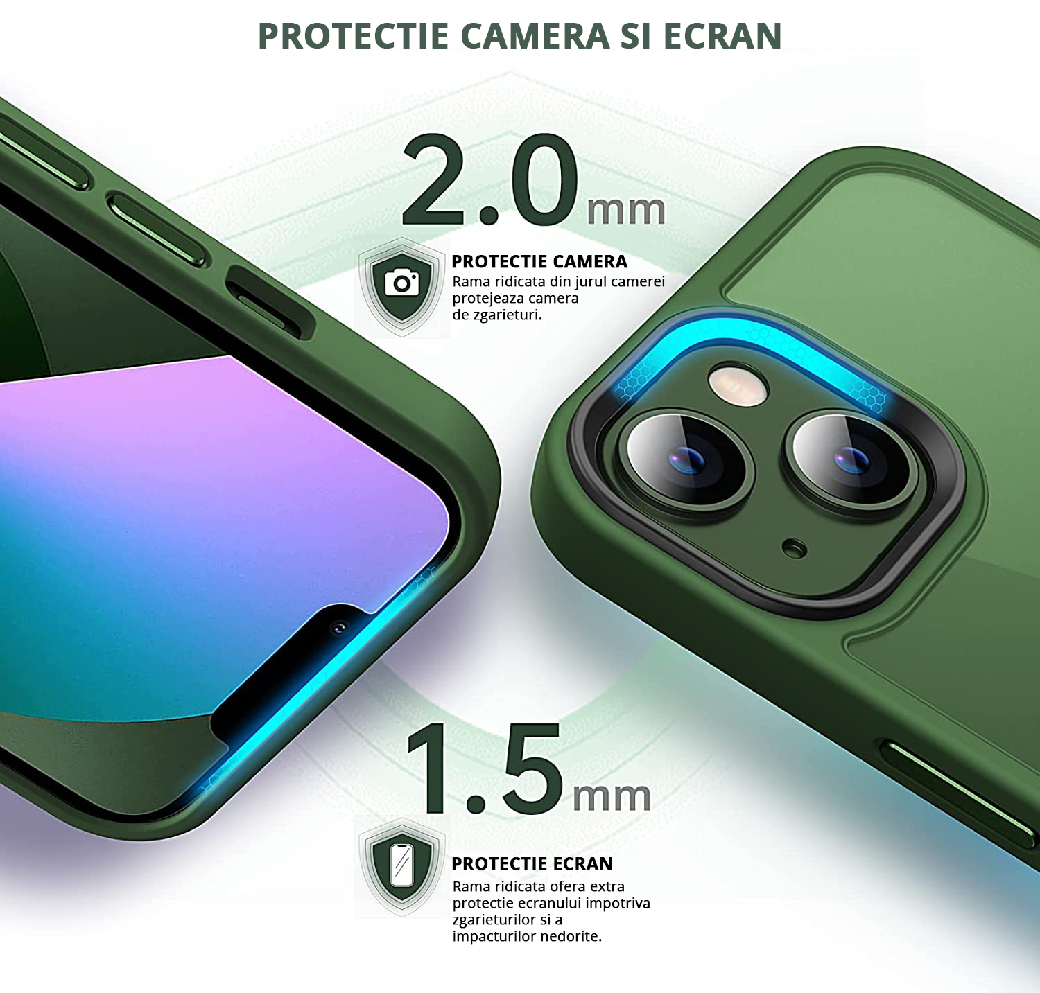Husa MagSafe Antisoc Slim iPhone 13 Verde cu protectie camera si ecran, 2mm si 1.5 mm rama ridicata pentru protectie maxima.