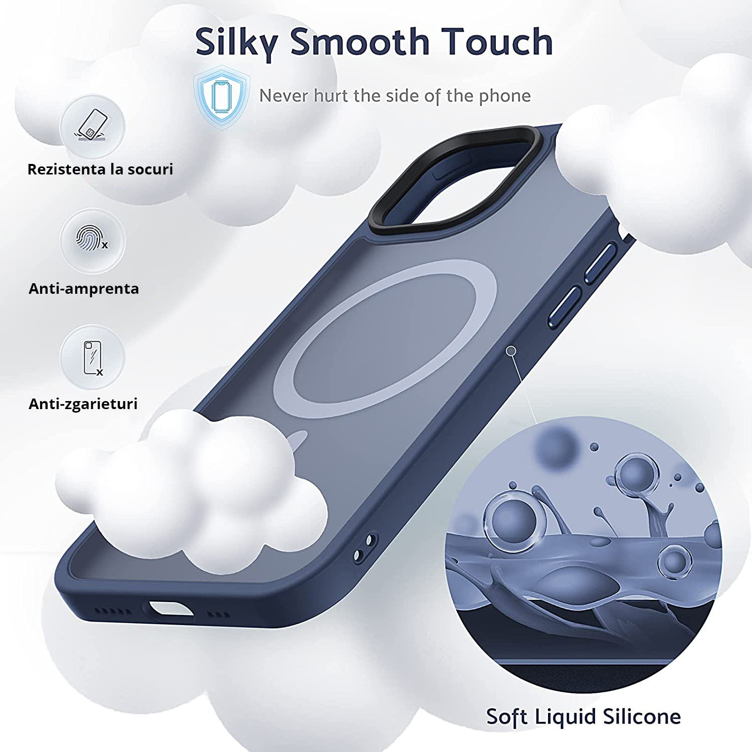 Husa MagSafe Antisoc Slim iPhone 13 Pro Blue din TPU si PC dur, protejeaza si prezinta anti-alunecare, design si durabilitate.