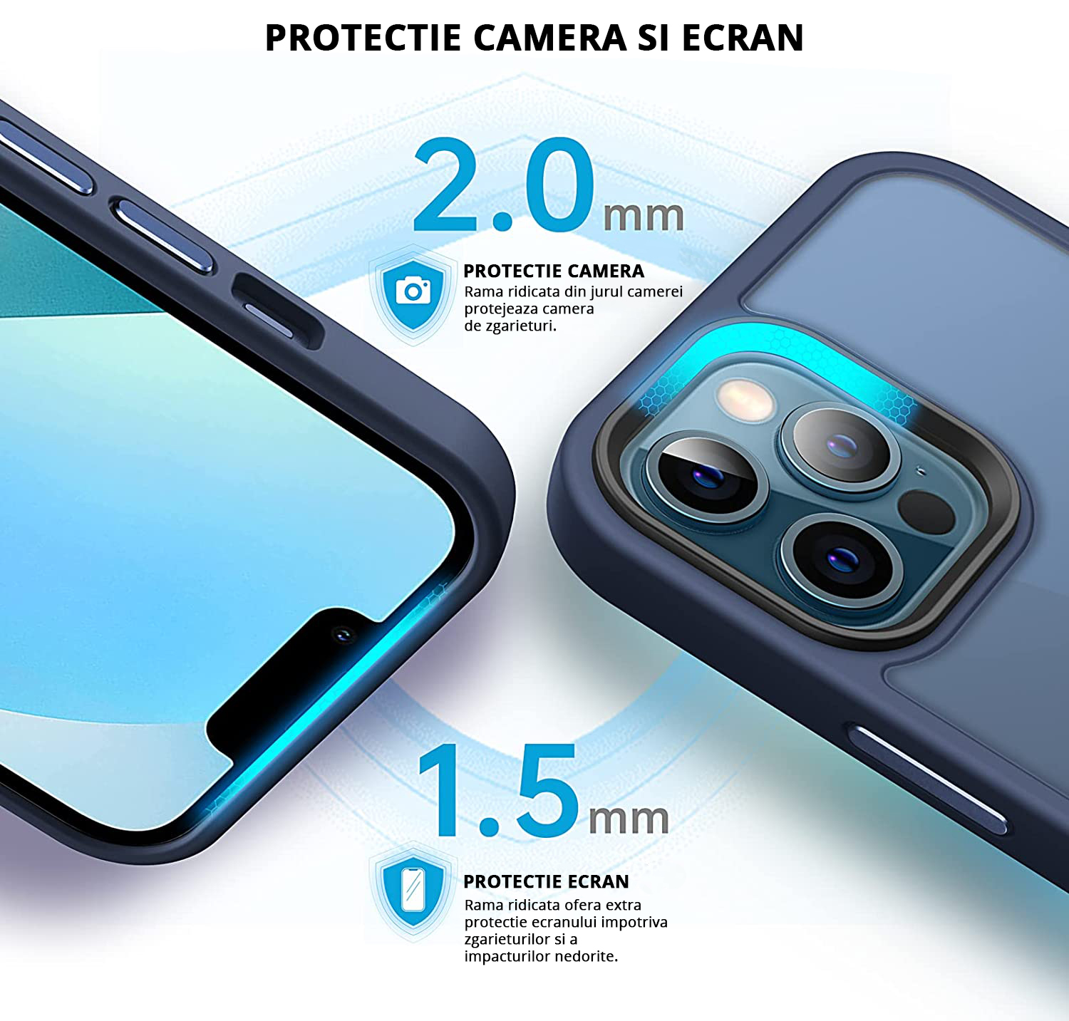 Husa MagSafe Antisoc Slim iPhone 13 Pro Blue cu protectie camera si ecran, 2mm si 1.5 mm rama ridicata pentru protectie maxima.