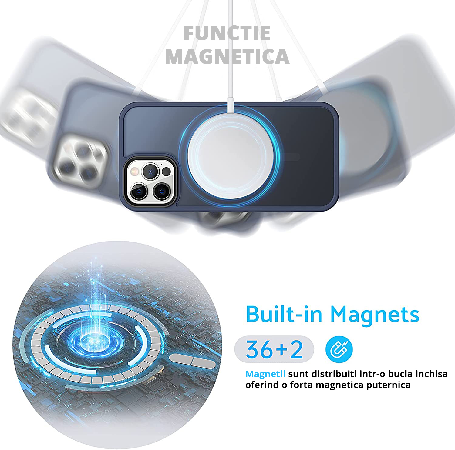 Husa MagSafe Antisoc Slim iPhone 13 Pro Blue cu inel magnetic, incarcare fara fir rapida si sigura.