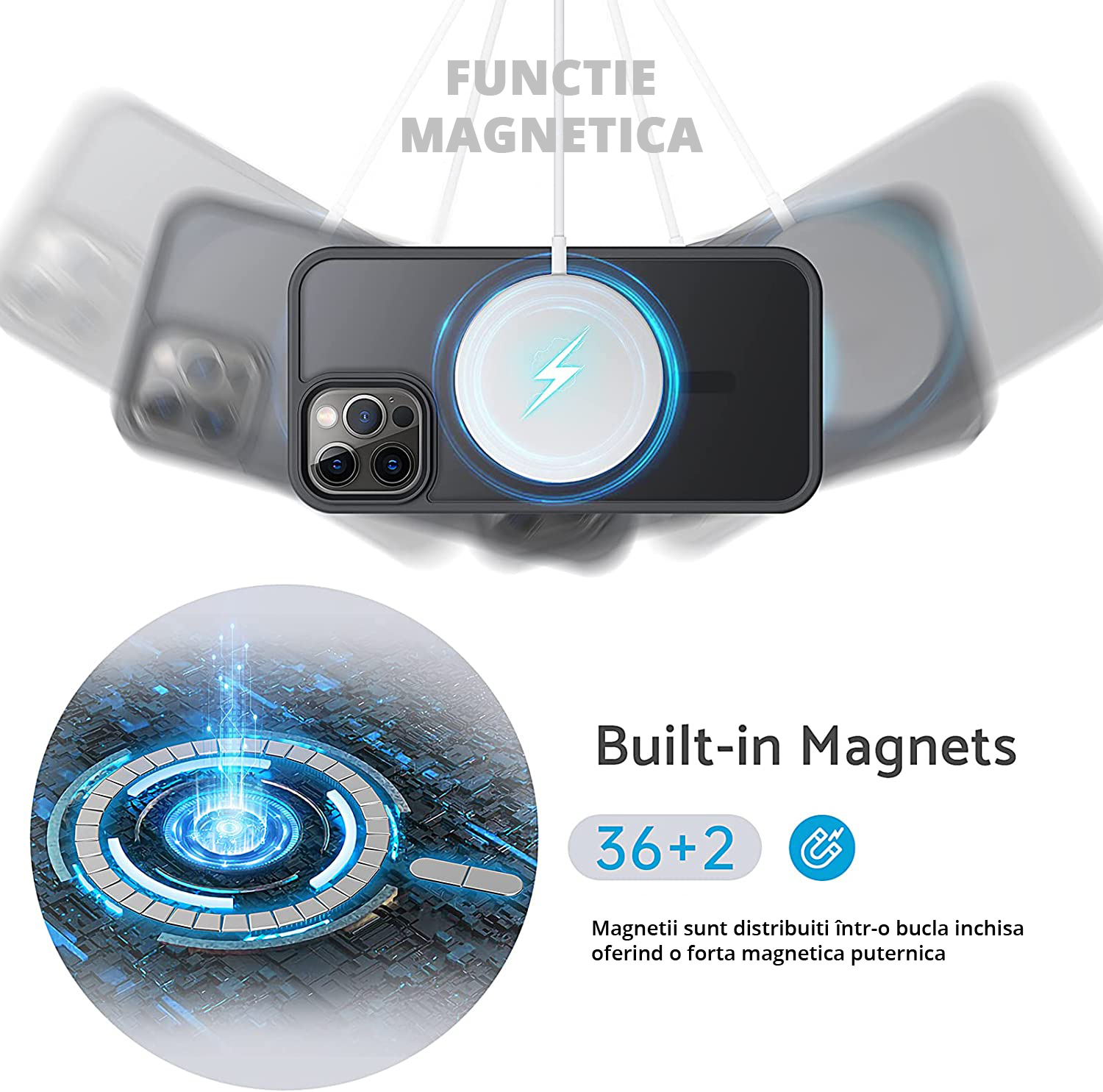 Husa MagSafe Antisoc Slim iPhone 13 Pro Negru cu inel magnetic, incarcare fara fir rapida si sigura.