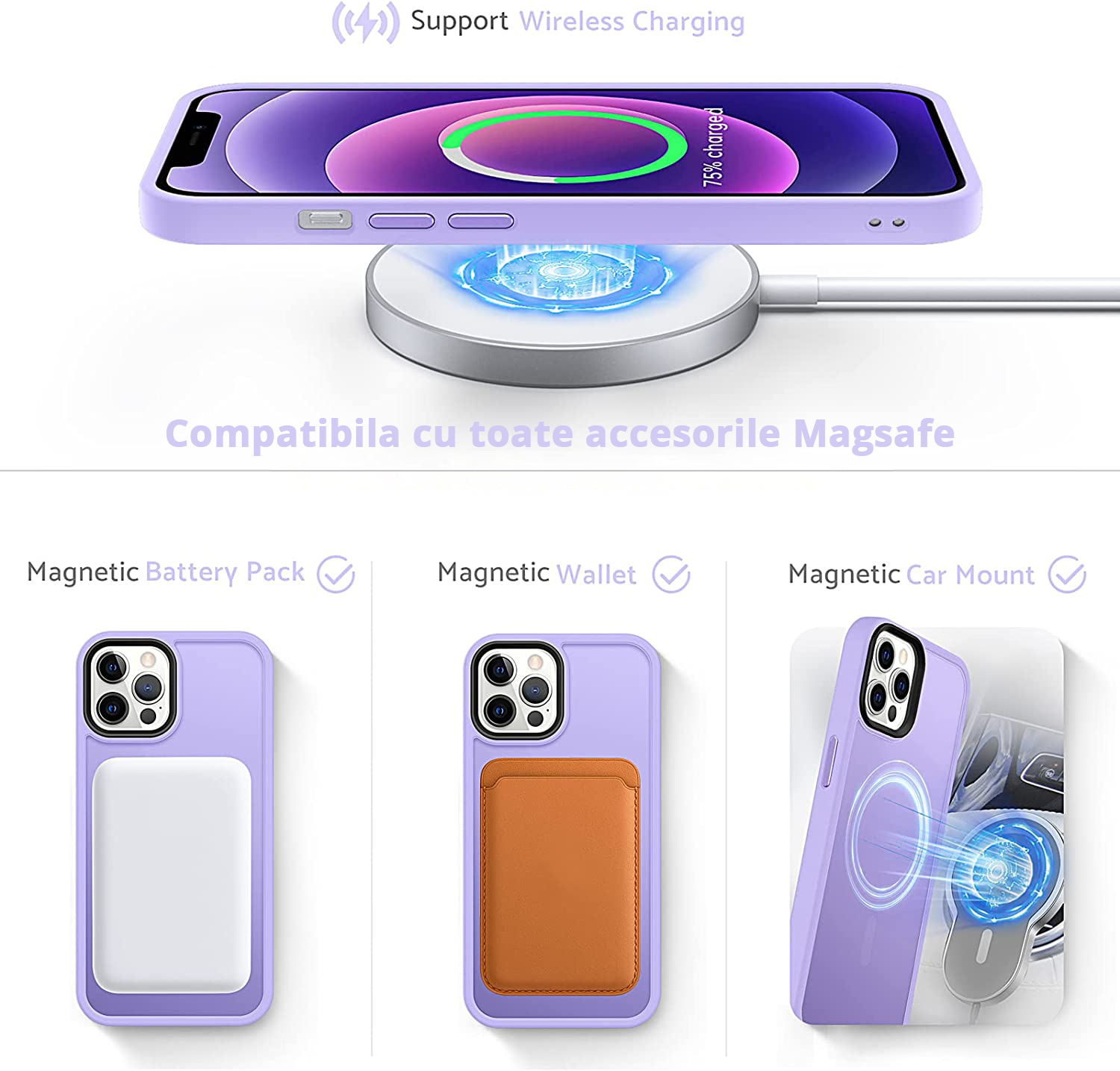 Husa Antisoc Slim iPhone 13 Pro Max Purple este compatibila cu toate accesoriile MagSafe, incarcare wireless.
