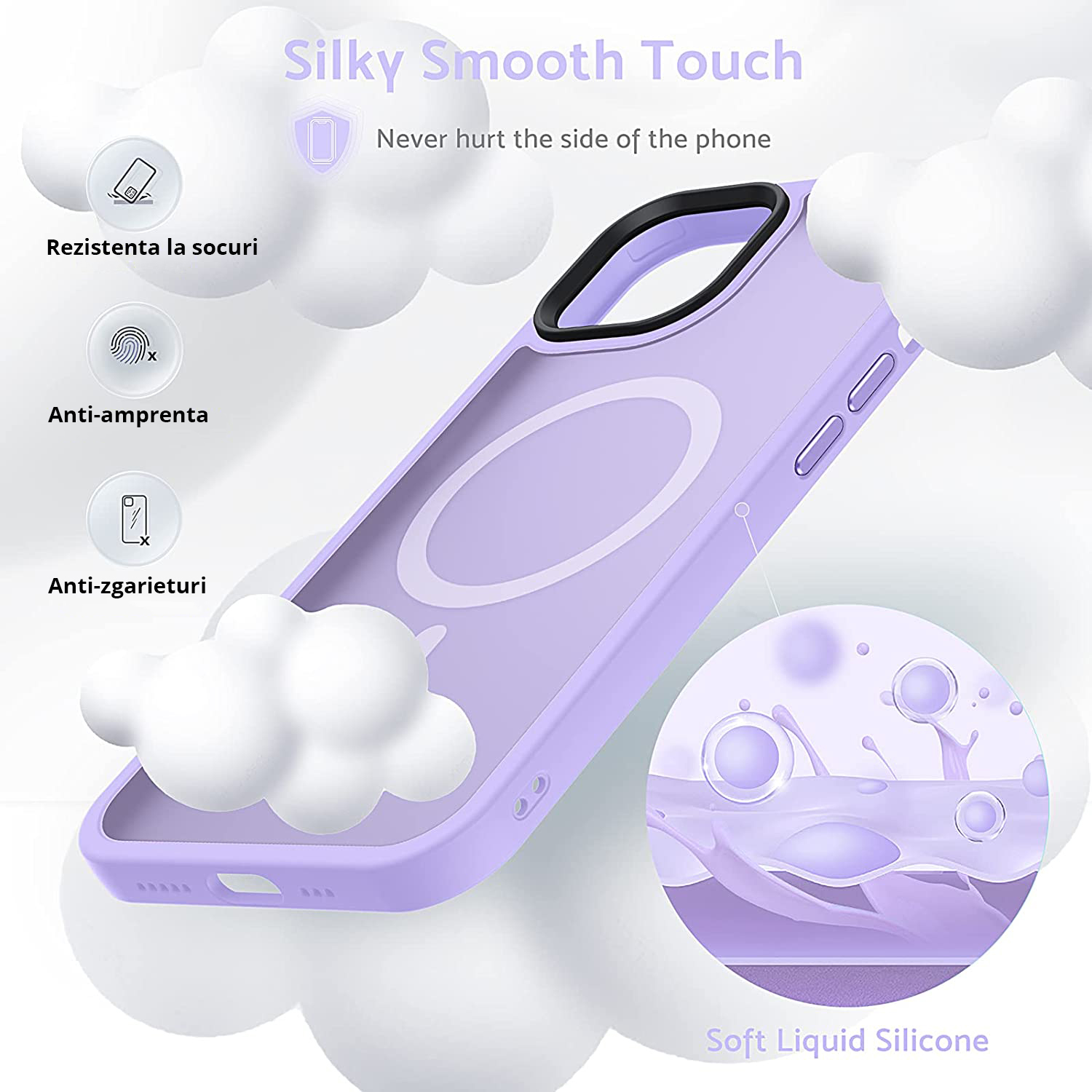 Husa MagSafe Antisoc Slim iPhone 13 Pro Max Purple cu inel magnetic, incarcare fara fir rapida si sigura.