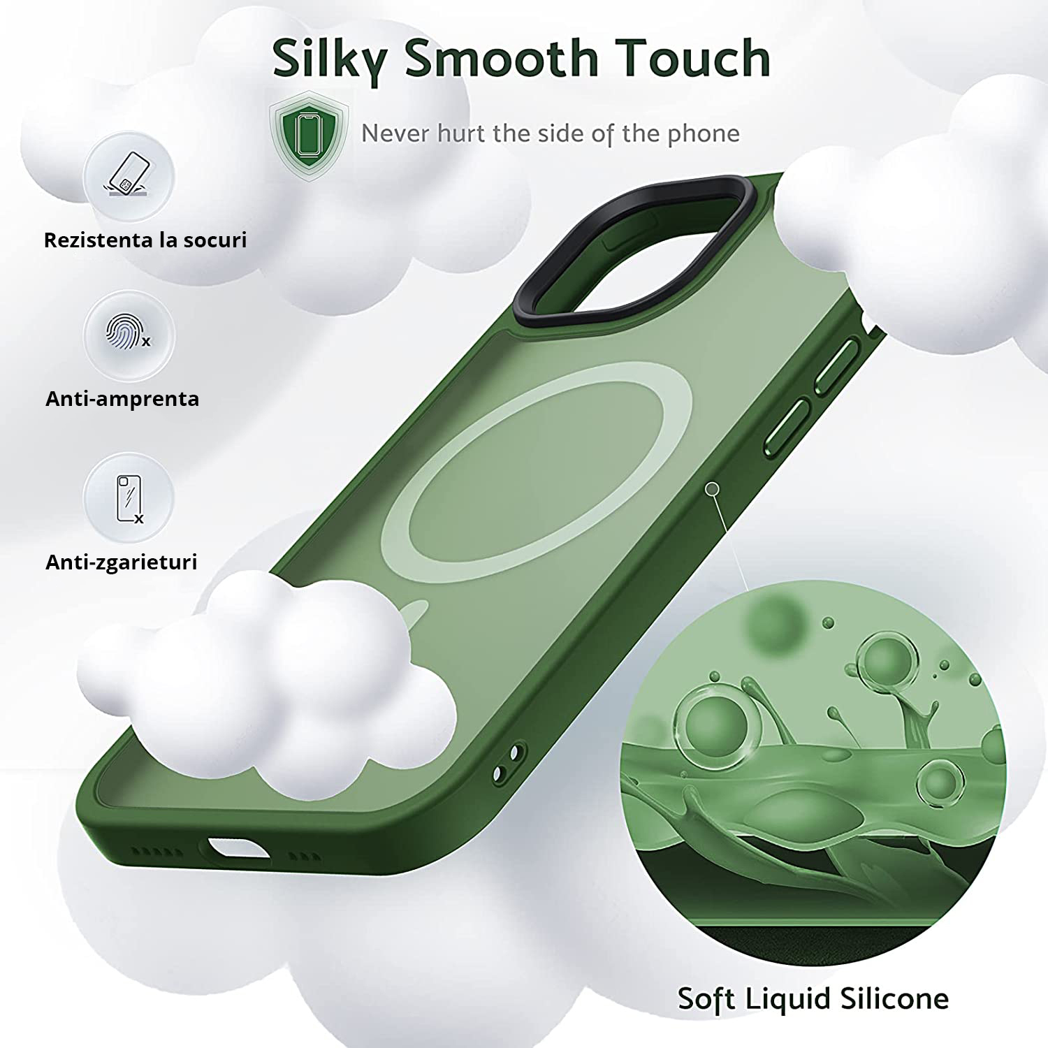 Husa MagSafe Antisoc Slim iPhone 13 Pro Max Verde din TPU si PC dur, protejeaza si prezinta anti-alunecare, design si durabilitate.