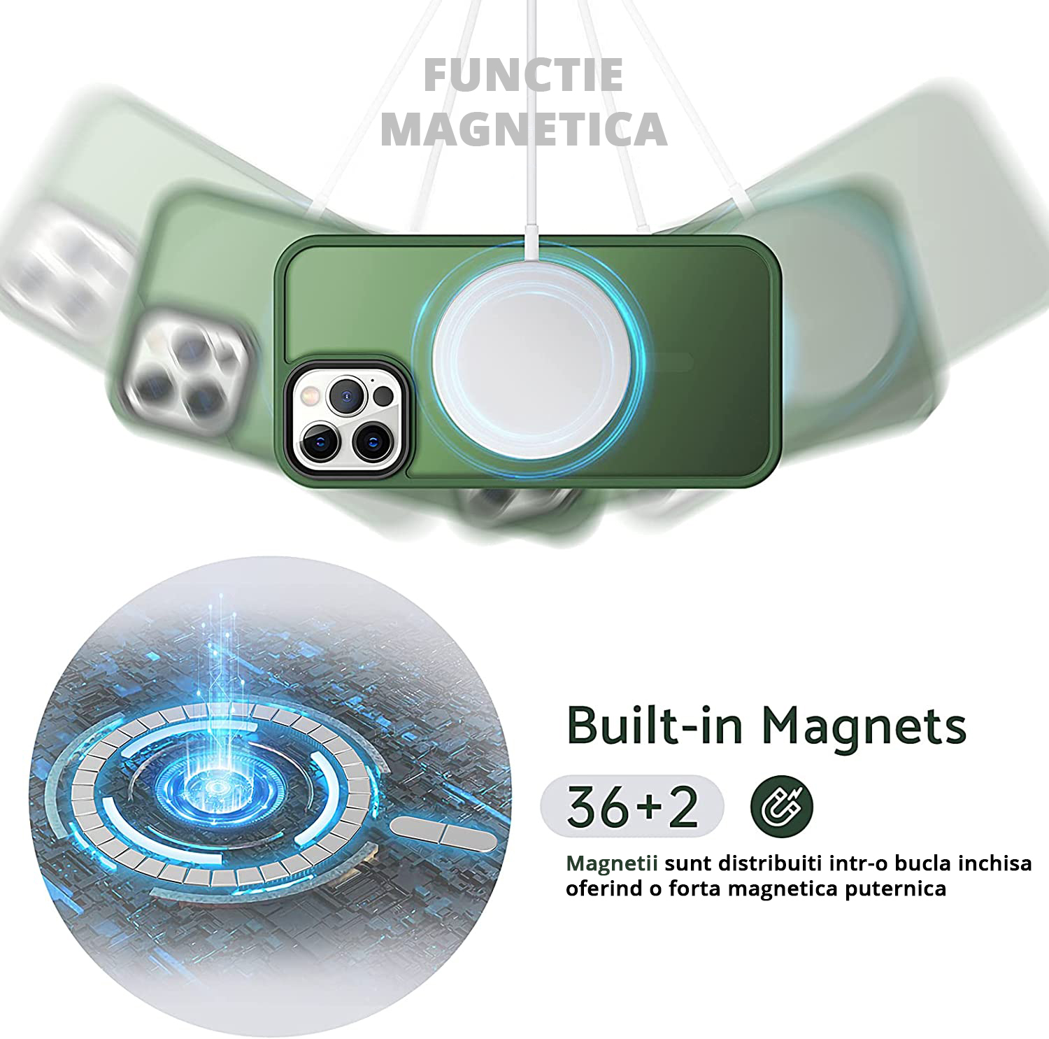 Husa MagSafe Antisoc Slim iPhone 13 Pro Max Verde cu inel magnetic, incarcare fara fir rapida si sigura.