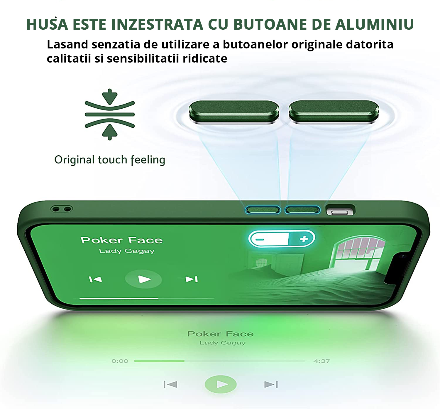 Husa MagSafe Antisoc Slim iPhone 13 Pro Max Verde cu butoane de aluminiu, utilizare si senzatie similara cu cele originale.