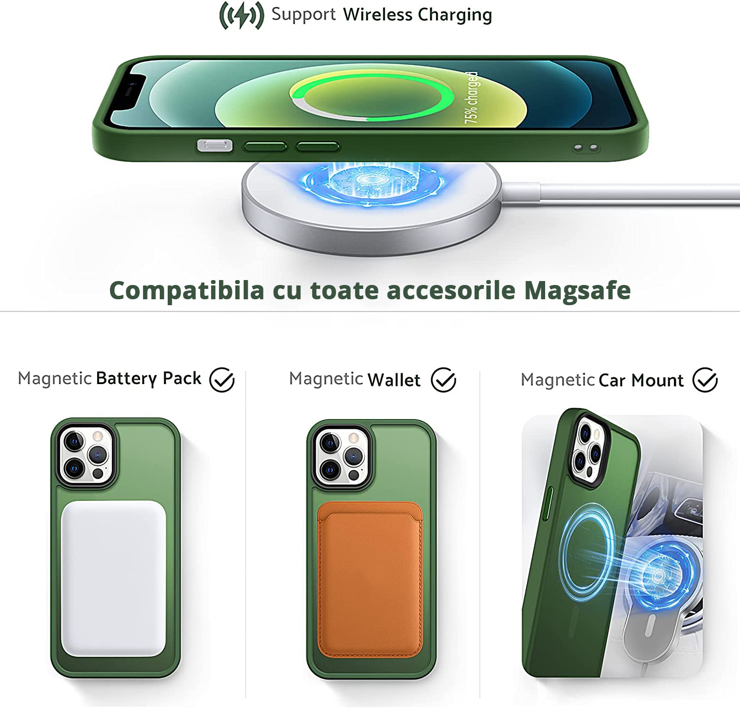 Husa Antisoc Slim iPhone 13 Pro Max Verde este compatibila cu toate accesoriile MagSafe, incarcare wireless.