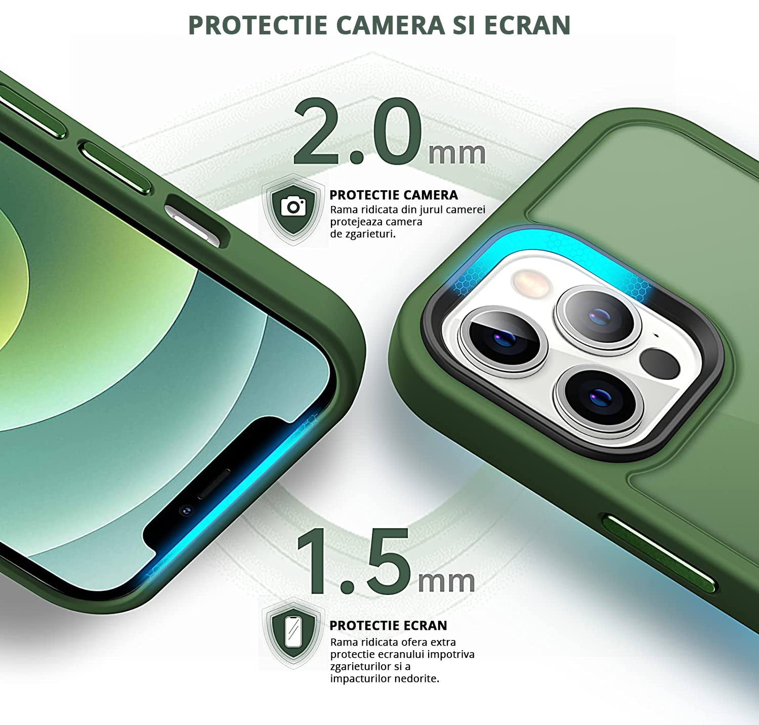 Husa MagSafe Antisoc Slim iPhone 13 Pro Max Verde cu protectie camera si ecran, 2mm si 1.5 mm rama ridicata pentru protectie maxima.