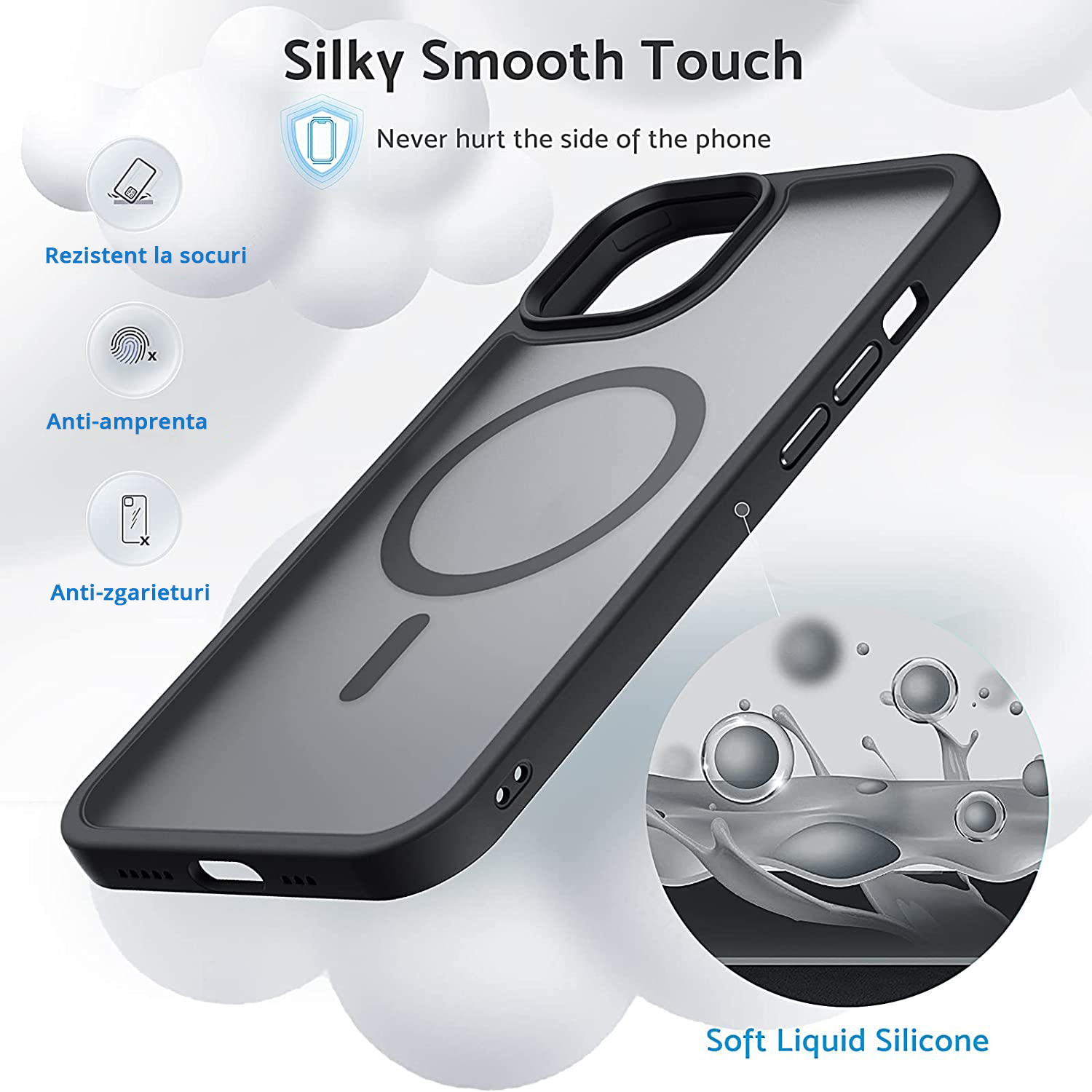 Husa MagSafe Antisoc Slim iPhone 14 din TPU si PC dur, protejeaza si prezinta anti-alunecare, design si durabilitate.