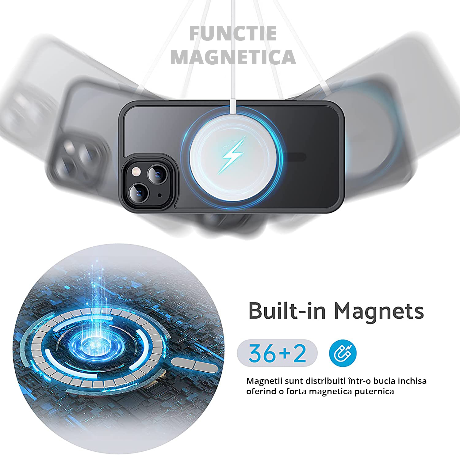 Husa MagSafe Antisoc Slim iPhone 14 cu inel magnetic, incarcare fara fir rapida si sigura.