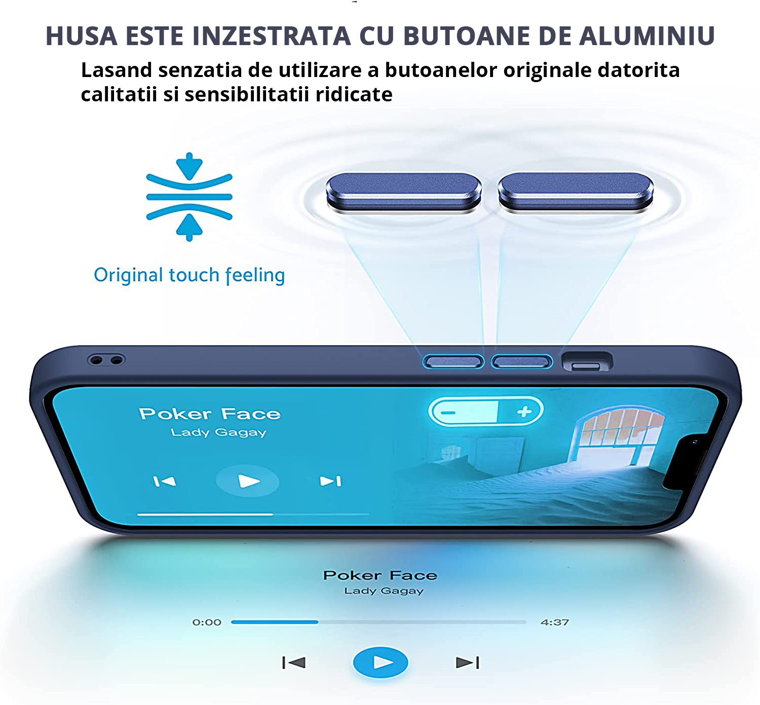 Husa MagSafe Antisoc Slim iPhone 14 Pro Blue cu butoane de aluminiu, utilizare si senzatie similara cu cele originale.