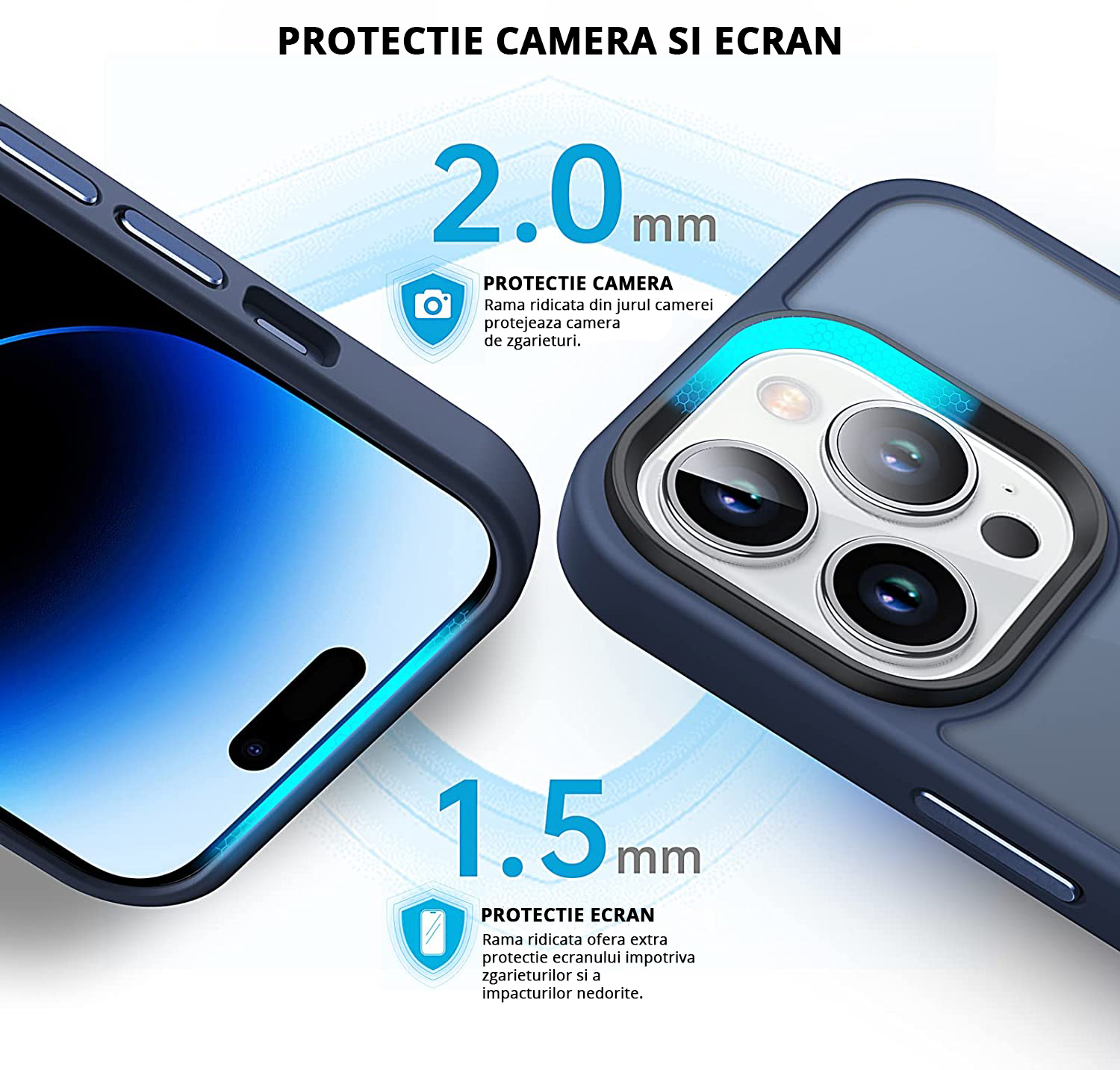 Husa MagSafe Antisoc Slim iPhone 14 Pro Blue cu protectie camera si ecran, 2mm si 1.5 mm rama ridicata pentru protectie maxima.