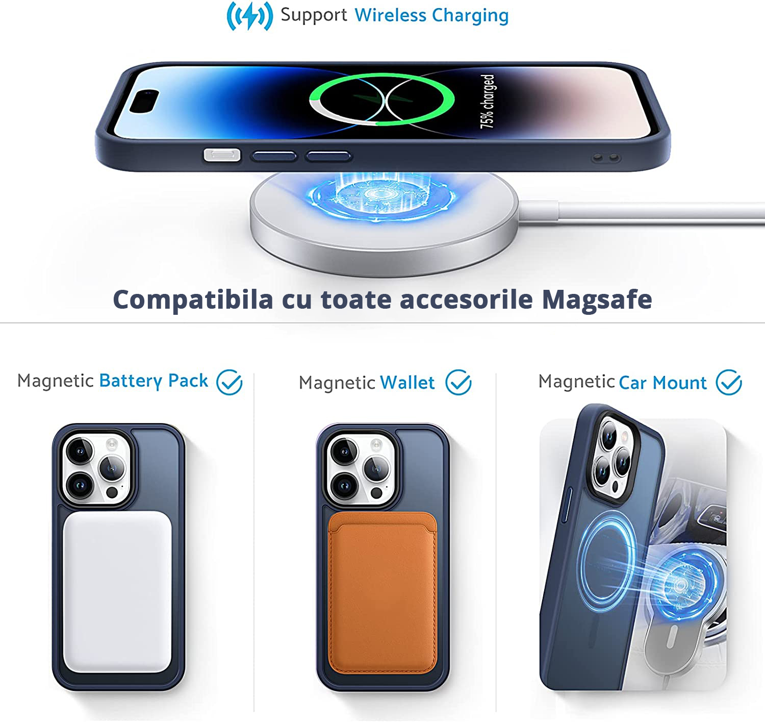 Husa Antisoc Slim iPhone 14 Pro Blue este compatibila cu toate accesoriile MagSafe, incarcare wireless.