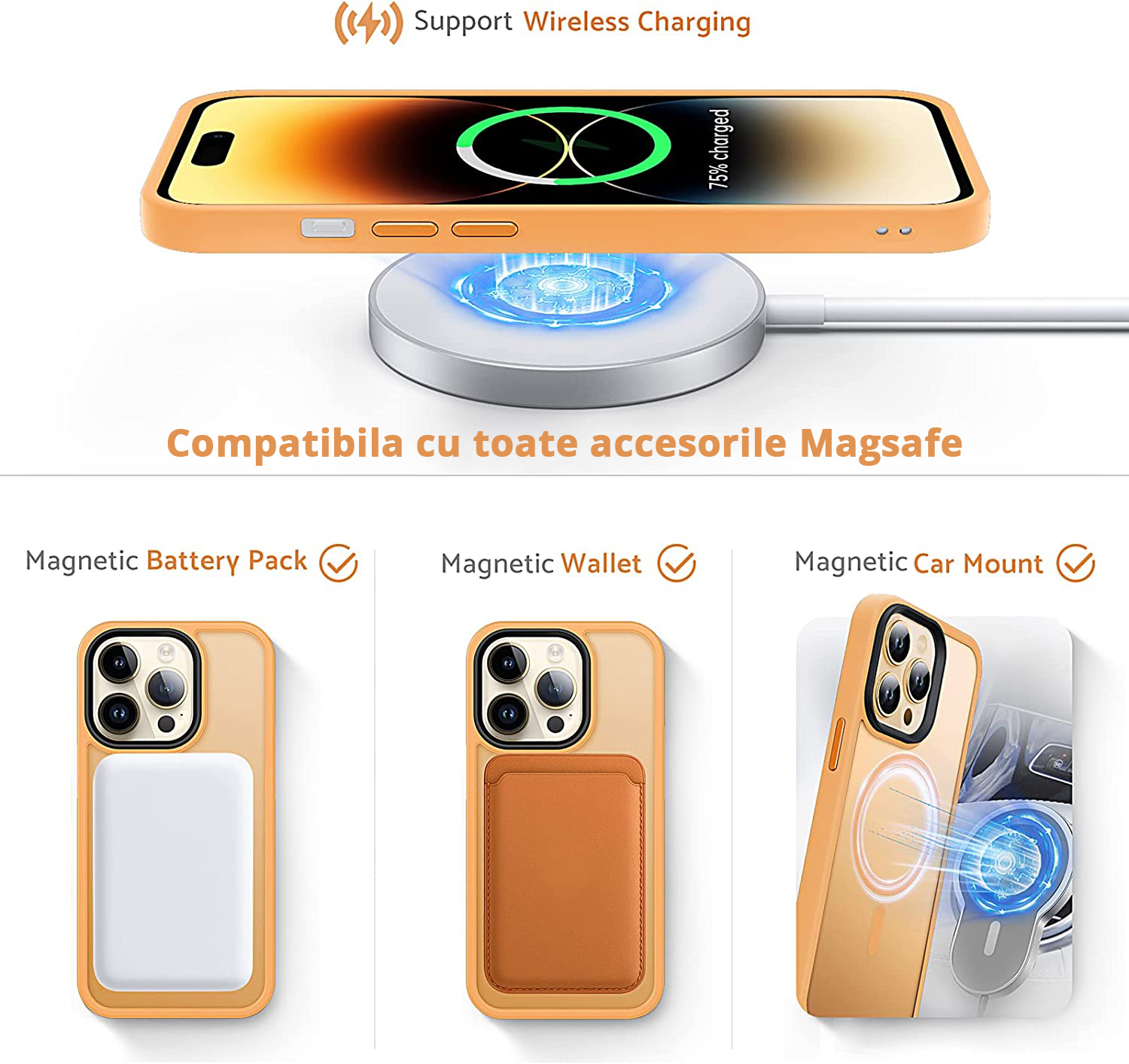 Husa Antisoc Slim iPhone 14 Pro Orange este compatibila cu toate accesoriile MagSafe, incarcare wireless.