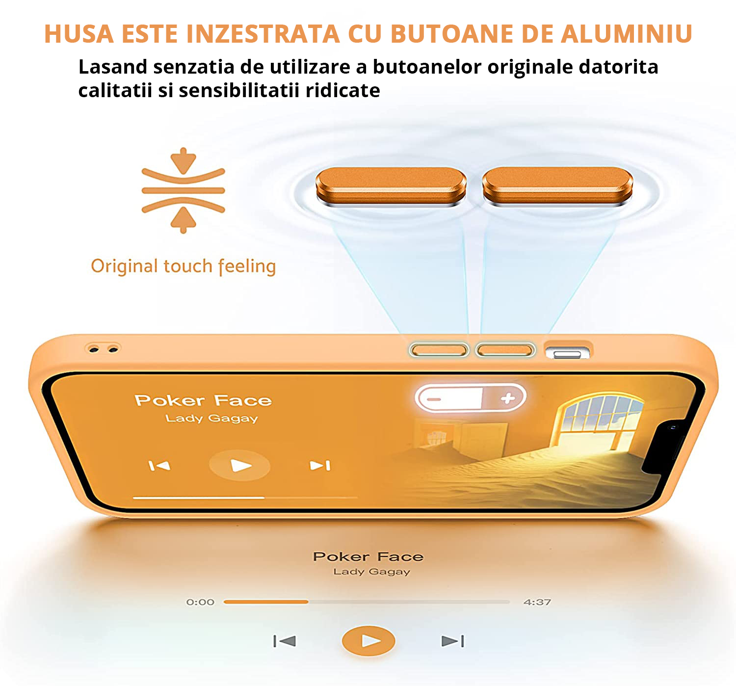 Husa MagSafe Antisoc Slim iPhone 14 Pro Orange cu butoane de aluminiu, utilizare si senzatie similara cu cele originale.