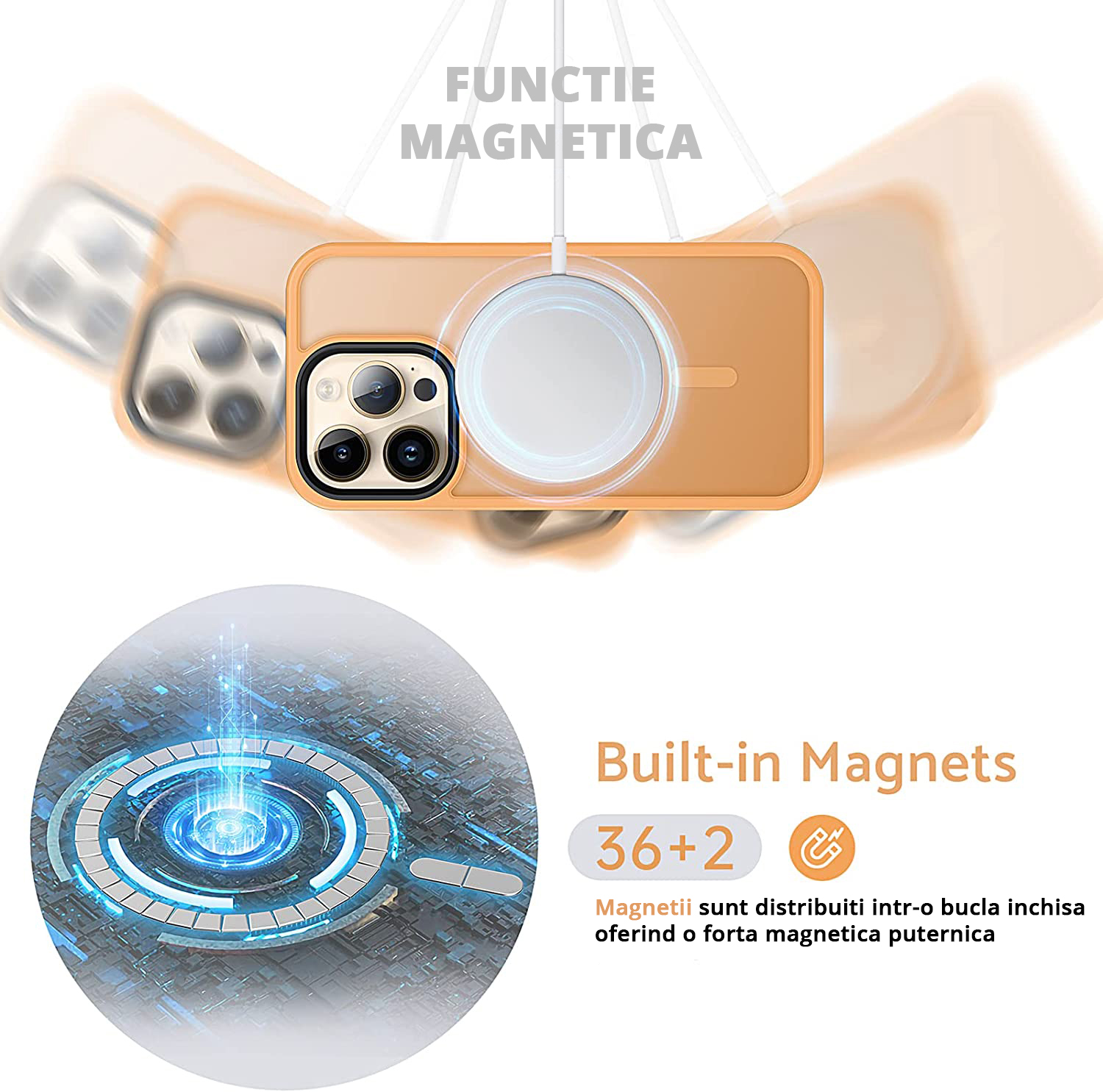 Husa MagSafe Antisoc Slim iPhone 14 Pro Orange cu inel magnetic, incarcare fara fir rapida si sigura.