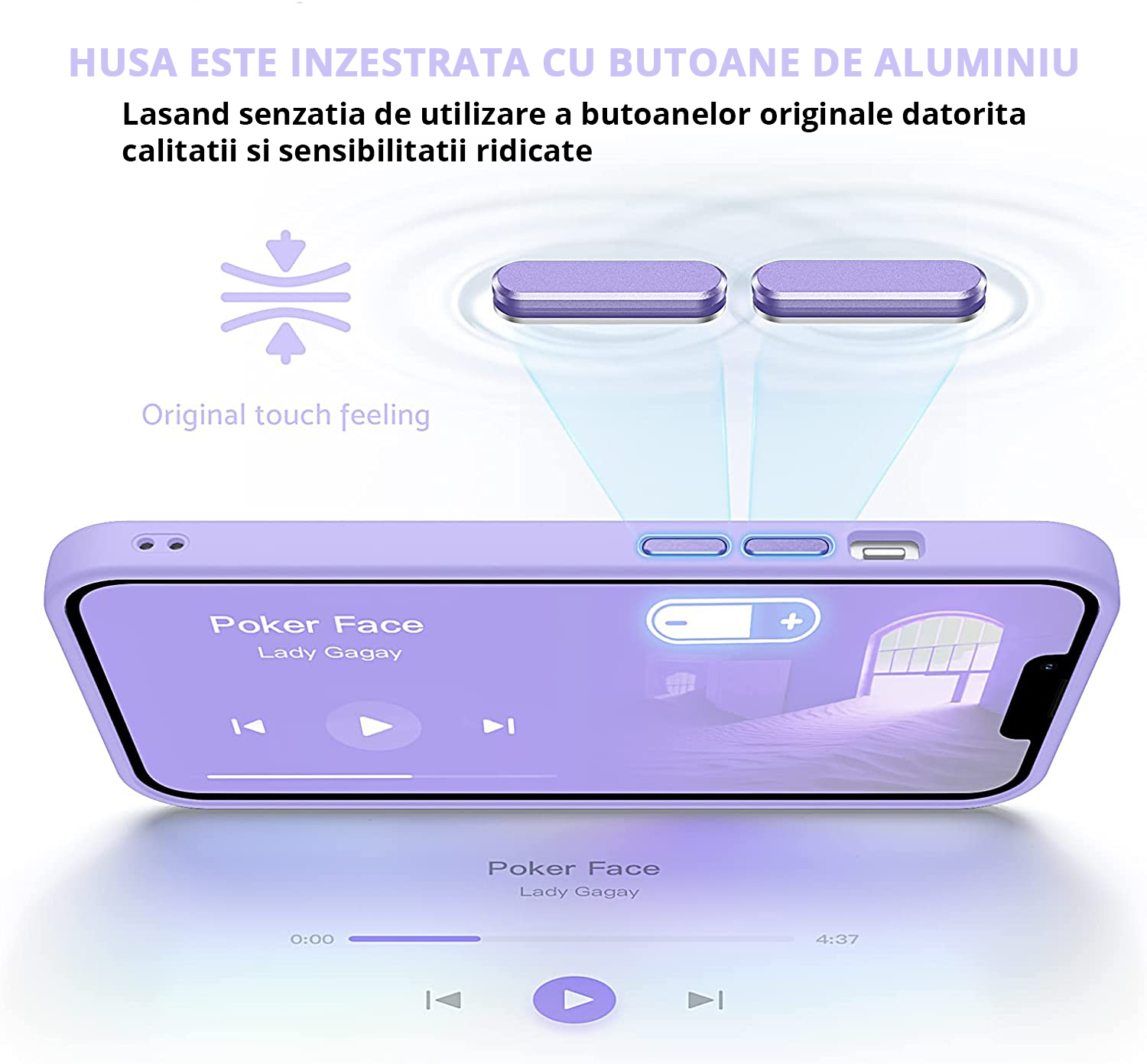 Husa MagSafe Antisoc Slim iPhone 14 Pro Purple cu butoane de aluminiu, utilizare si senzatie similara cu cele originale.