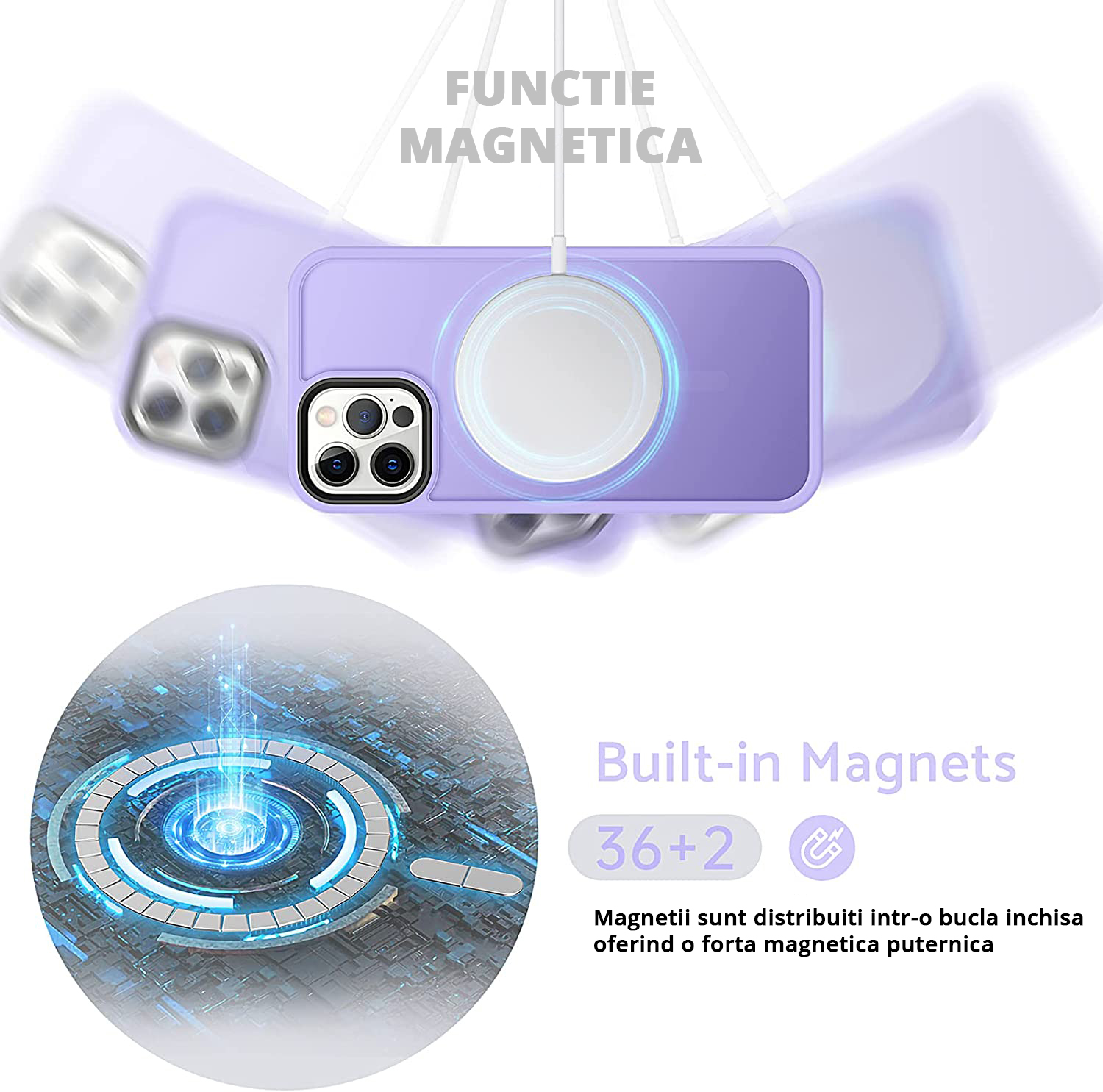 Husa MagSafe Antisoc Slim iPhone 14 Pro Purple cu inel magnetic, incarcare fara fir rapida si sigura.