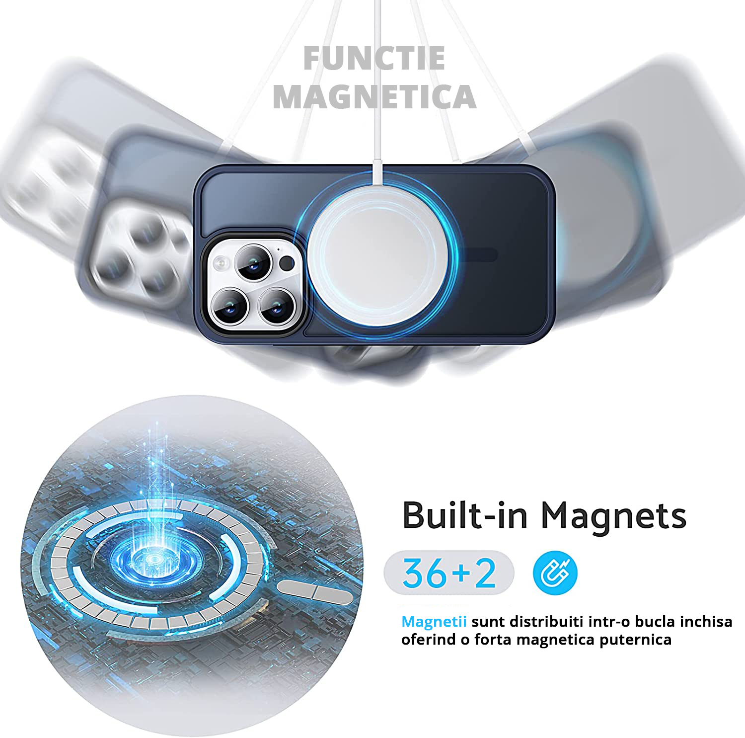 Husa MagSafe Antisoc Slim iPhone 14 Pro Max Blue cu inel magnetic, incarcare fara fir rapida si sigura.
