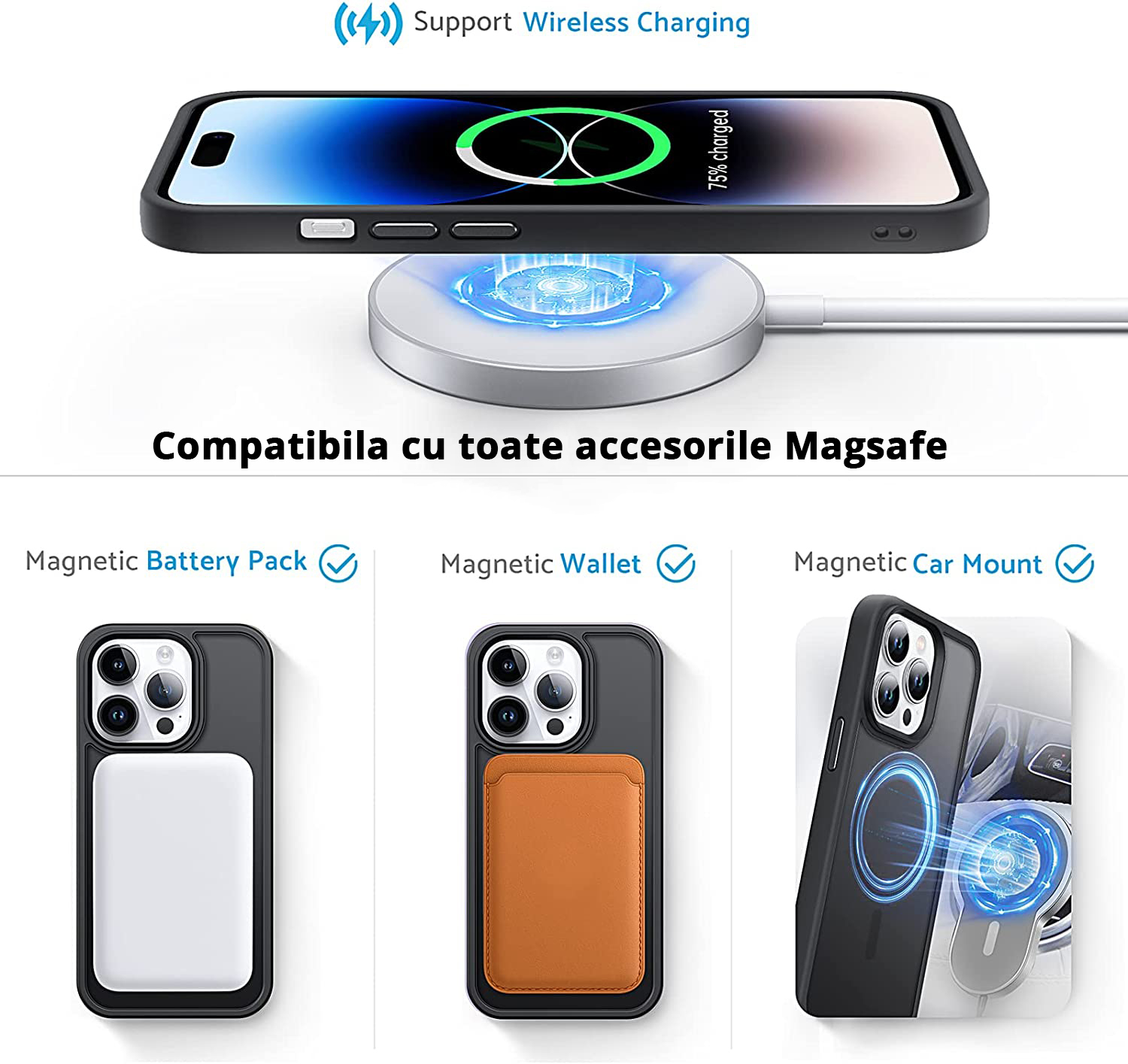 Husa Antisoc Slim iPhone 14 Pro Max Negru este compatibila cu toate accesoriile MagSafe, incarcare wireless.