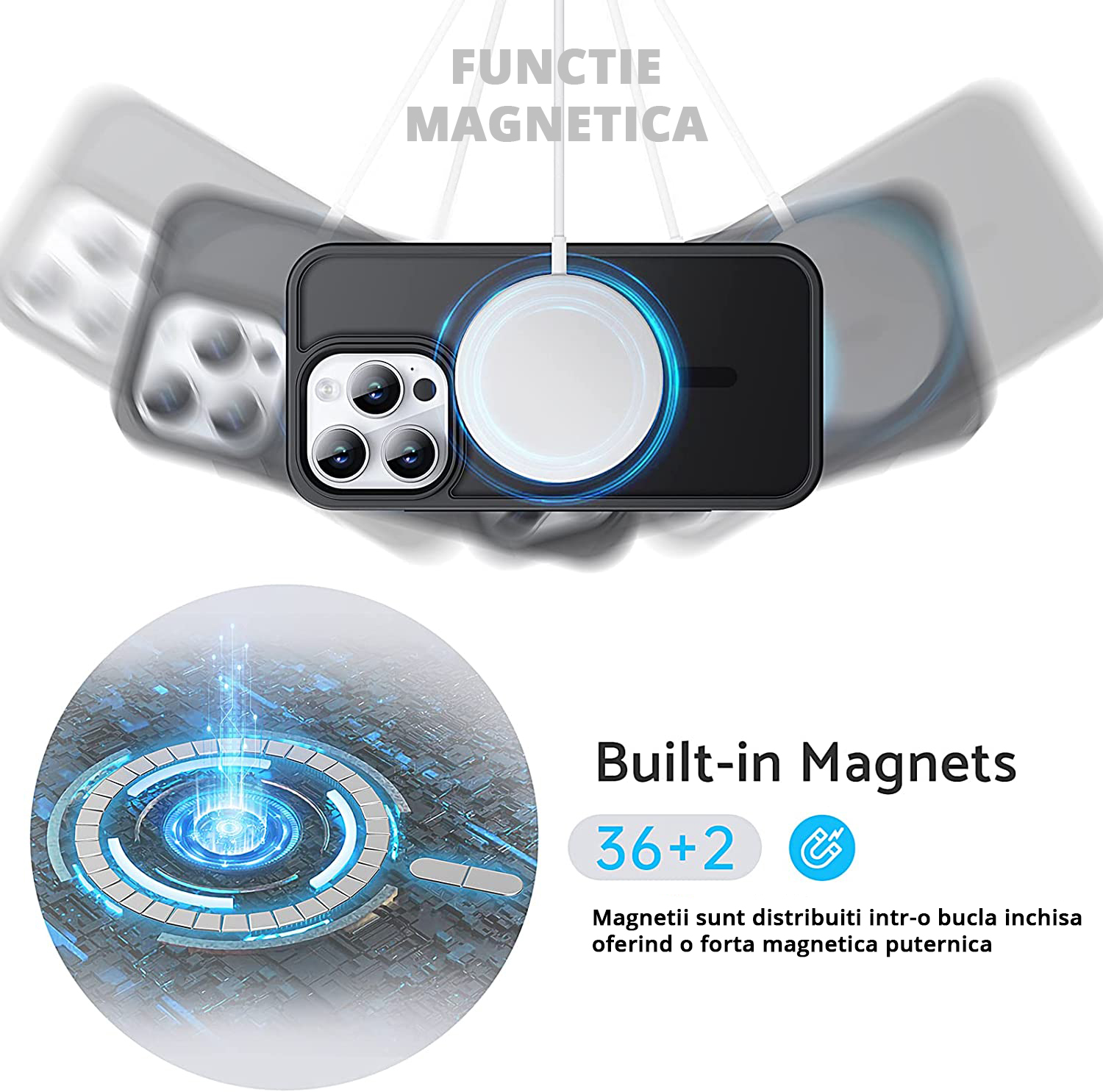 Husa MagSafe Antisoc Slim iPhone 14 Pro Max Negru cu inel magnetic, incarcare fara fir rapida si sigura.