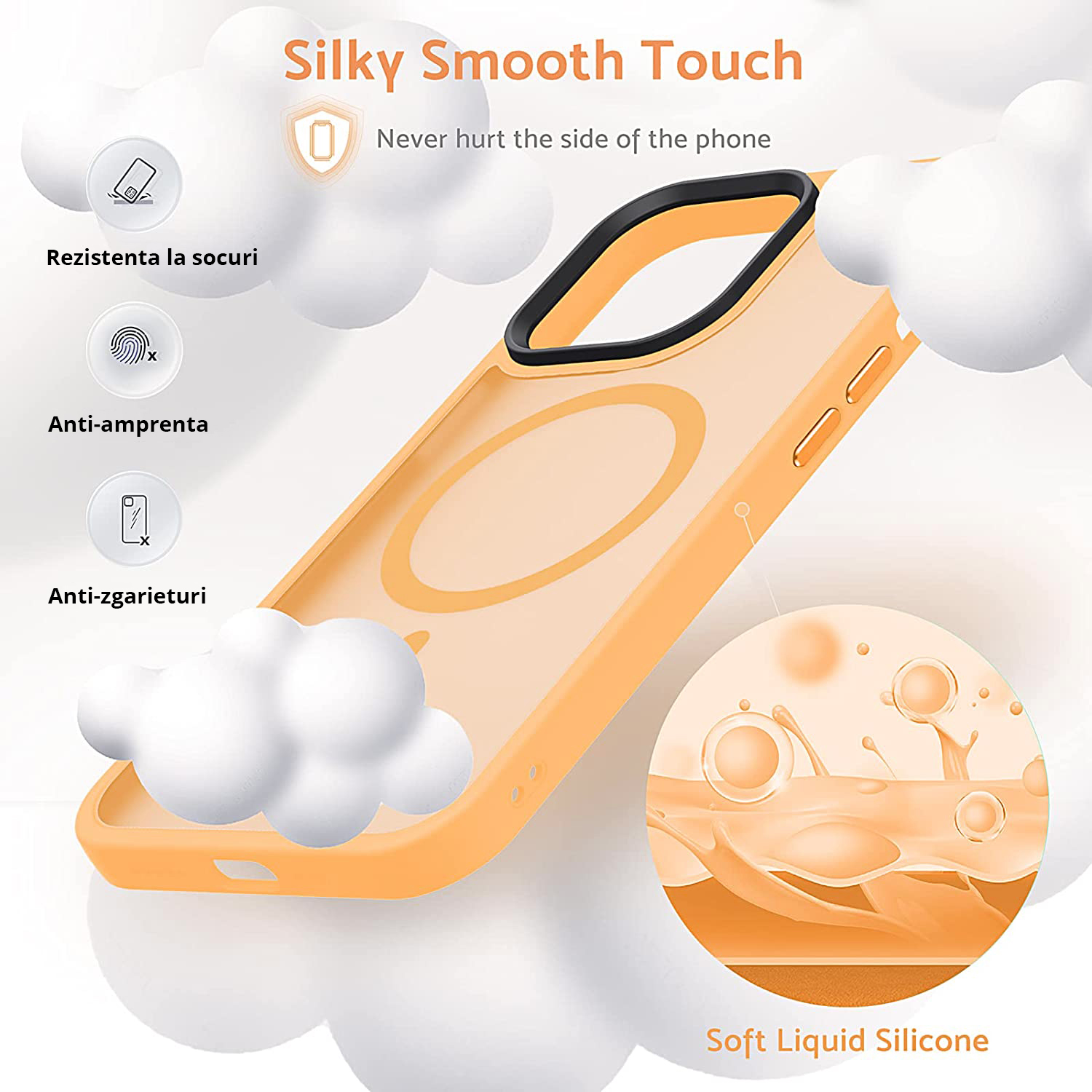 Husa MagSafe Antisoc Slim iPhone 14 Pro Max Orange din TPU si PC dur, protejeaza si prezinta anti-alunecare, design si durabilitate.