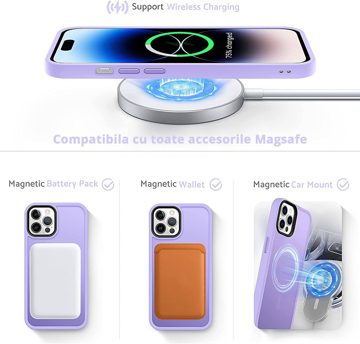 Husa Antisoc Slim iPhone 14 Pro Max Purple este compatibila cu toate accesoriile MagSafe, incarcare wireless.