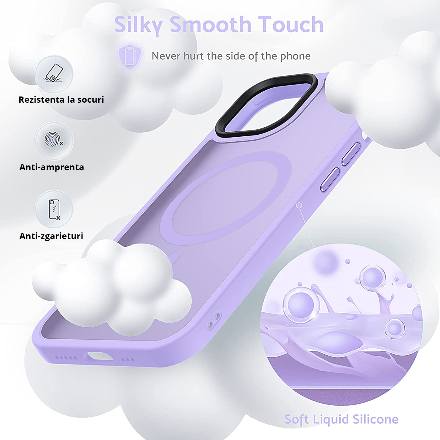 Husa MagSafe Antisoc Slim iPhone 14 Pro Max Purple din TPU si PC dur, protejeaza si prezinta anti-alunecare, design si durabilitate.