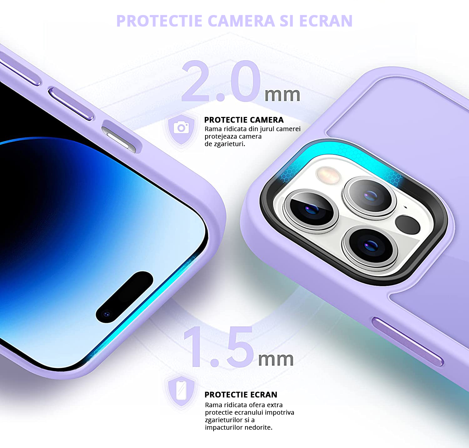 Husa MagSafe Antisoc Slim iPhone 14 Pro Max Purple cu protectie camera si ecran, 2mm si 1.5 mm rama ridicata pentru protectie maxima.